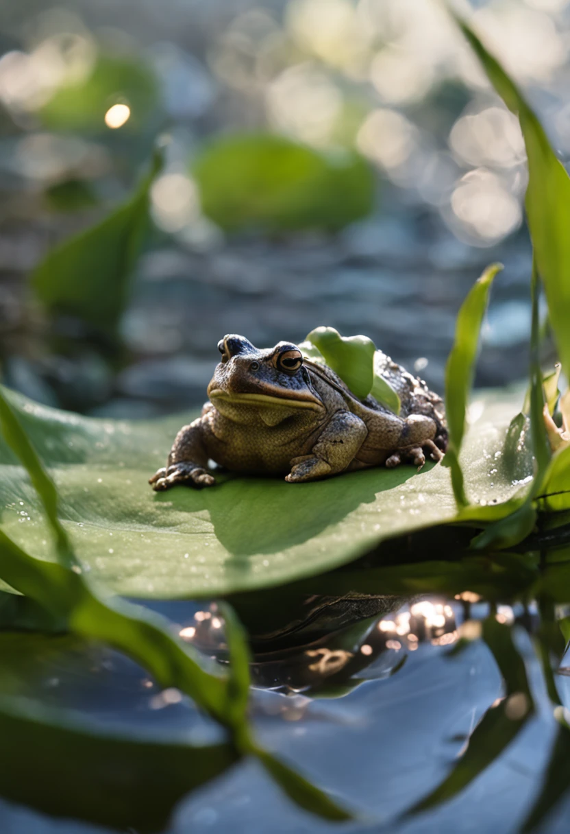microcosm , Masterpiece , macro photography , cobweb, filmgrain, Bokeh , Smoke , Highly detailed, Sunny Sunny weather, Microflower, The drops, bblurry, (1 realistic toad sitting on a lotus leaf,Looking at 1 swan next to it:1.5), Azure background, subdued contrasts, rendering by octane , illusory engine