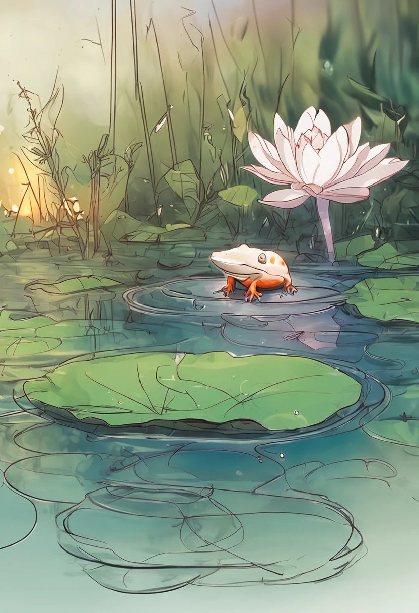 microcosm , Masterpiece , macro photography , cobweb, filmgrain, Bokeh , Smoke , Highly detailed, Sunny Sunny weather, Microflower, The drops, bblurry, (1 realistic toad sitting on a lotus leaf,Looking at 1 swan next to it:1.5), Azure background, subdued contrasts, rendering by octane , illusory engine