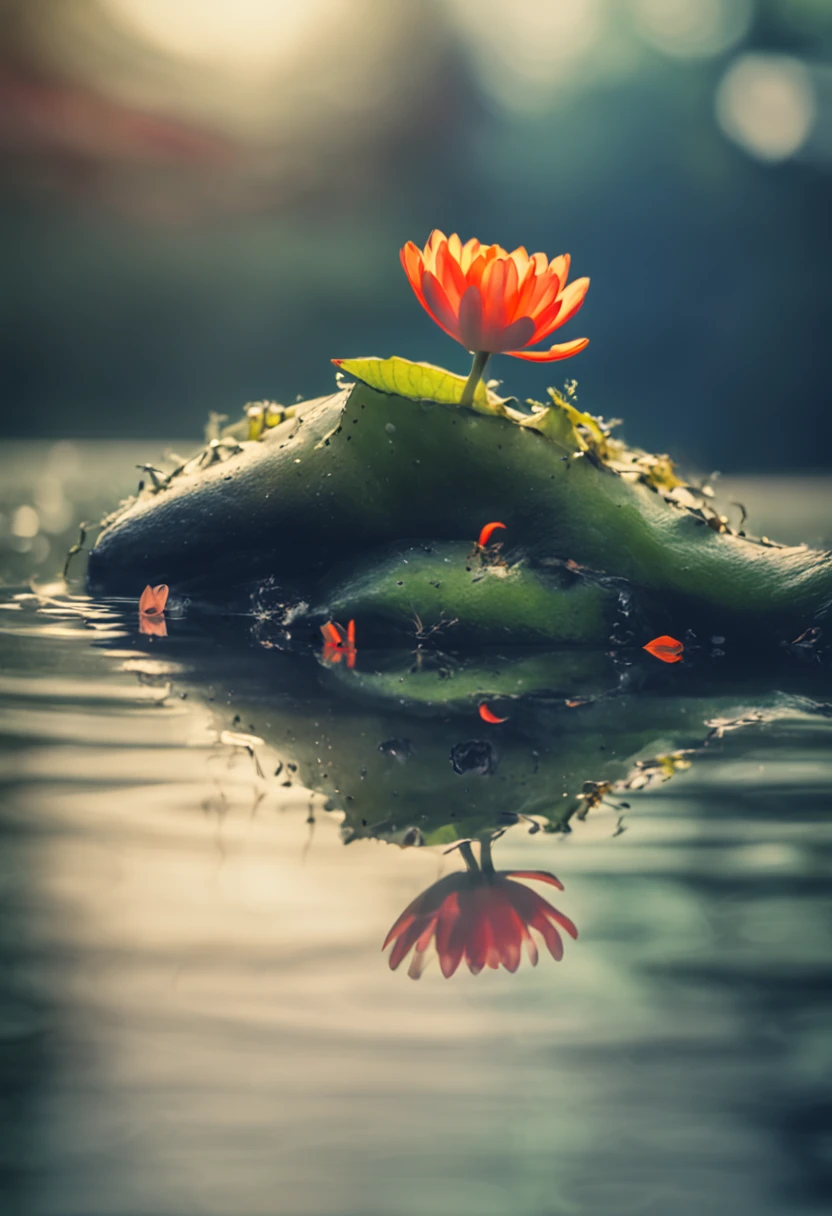 microcosm , Masterpiece , macro photography , cobweb, filmgrain, Bokeh , Smoke , Highly detailed, Sunny Sunny weather, Microflower, The drops, bblurry, (1 realistic toad sitting on a lotus leaf,Looking at 1 swan next to it:1.5), Azure background, subdued contrasts, rendering by octane , illusory engine