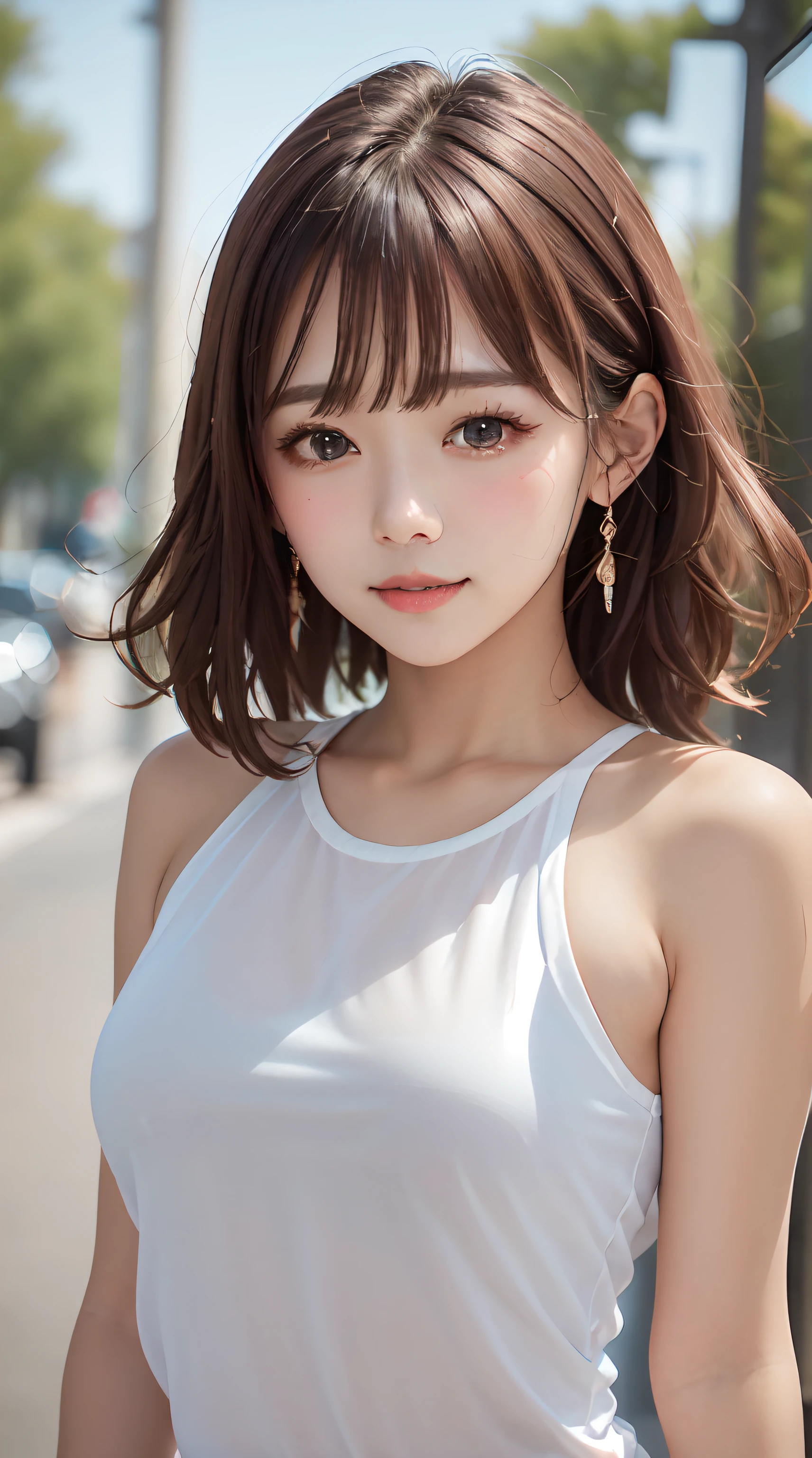 1womanl, up of face, mideum breasts, light brown hair, Blunt bangs, hair behind ear, hair over shoulder,slender body shape, Ultra Fine Face, Thin face, Delicate lips, Beautiful eyes, thin blush, eyes are light brown, perfect glossy skin, flawless skin, Glistening sweat,View here, Ultra-thin hands, Ultra-fine fingers, best ratio four finger and one thumb, (realisitic:1.3), Finger Extensions, See-through white blouse. One-person viewpoint, Fuji Film, tiny chest, in 8K, Super Detail, High quality, Best Quality, hight resolution,