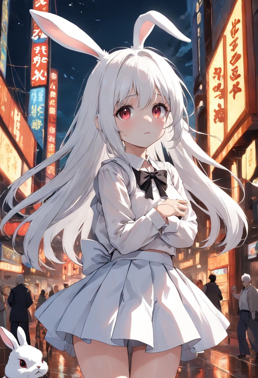 Girl White Rabbit White Hair Bow White Short Skirt White Top Hands behind You