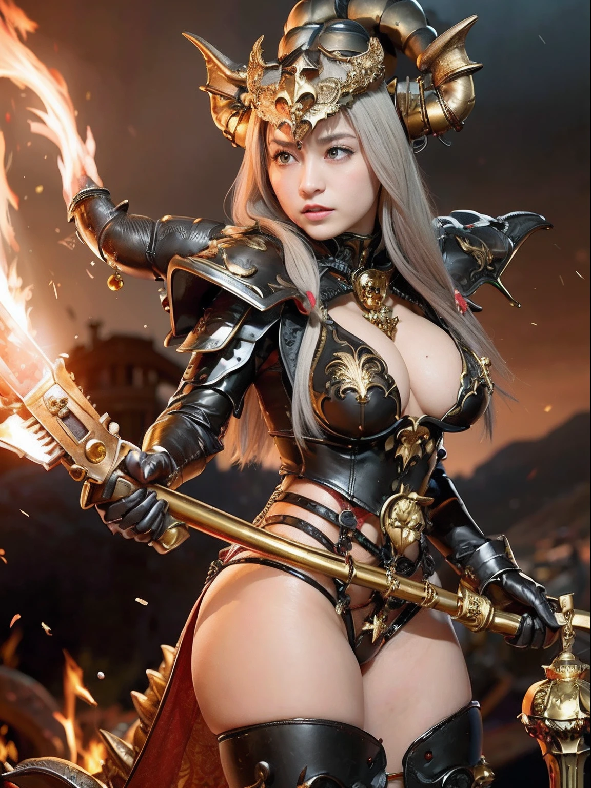 Professional , masterpiece、top-quality、photos realistic , depth of fields 、(Dragon Black Metal Body:1.9),(Mattretto、(cleavage of the breast)、Dragon Gold Weapon、(Micro Bikini Armor:1.4),Gorgeous gold weapons ,(( Dragon's dense and gorgeous sword)) , (demonic wings)、((a blond))、(Castle background)、((Gangle's forest background))、Beautiful Caucasian beauty、1a person、dynamic ungle,(((Detailed and ornate dragon helmet)))、Smaller head、A smile、Castle background、Thin and beautiful female hands、cleavage of the breast、Soldier in iron armor on background、Mystical expression、Light Effects、intense fighting、Wind-effect、magic circles、With the legendary magic wand、Dragon's tail、explosions、
