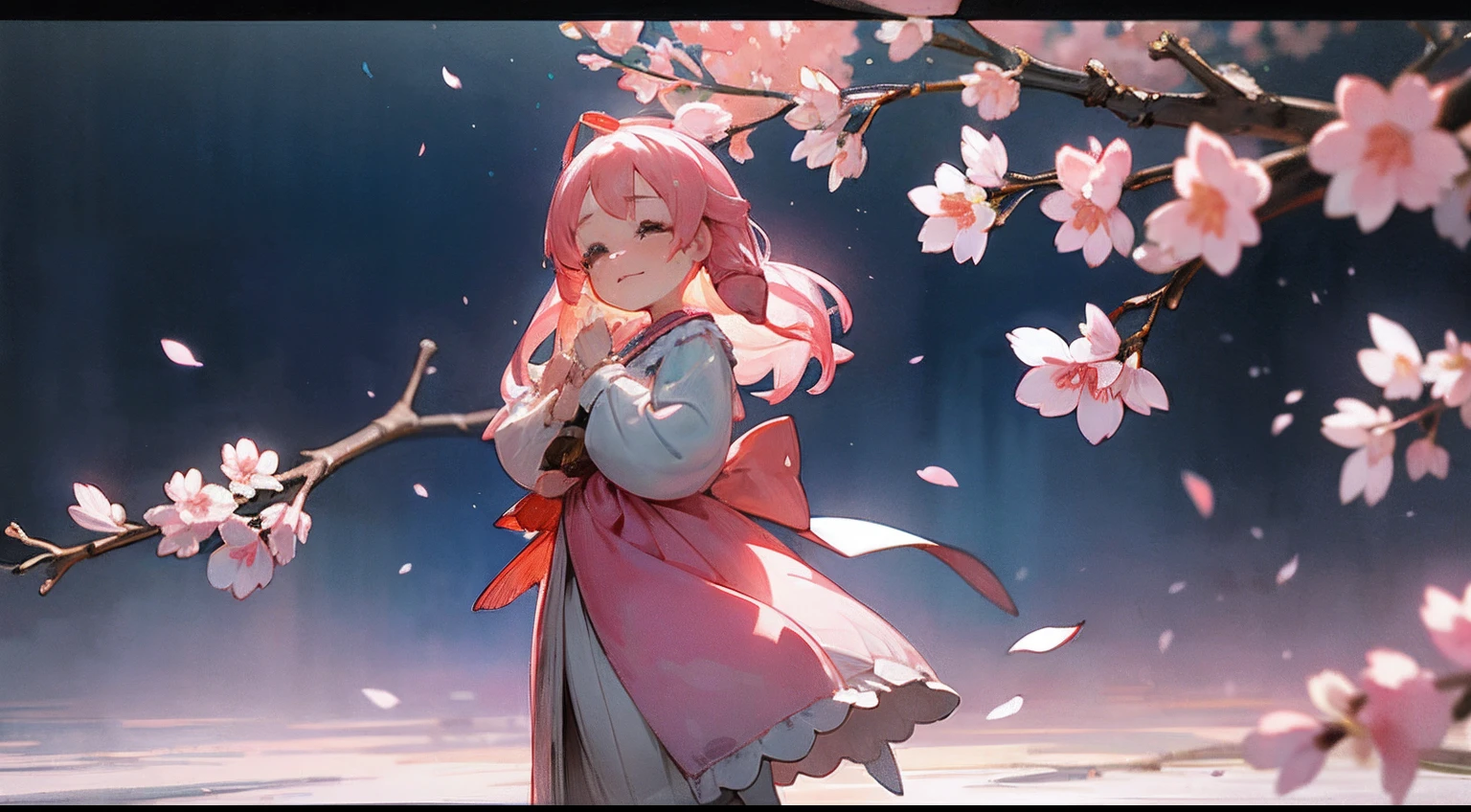 Doll standing in front of the painting、bionde、Crying face、Wiping tears、Close your right eye、Sengai、pixiv、rokoko、dollfie dream、watercolor Nendoroid、(High Definition Figure)、flowing sakura-colored silk、nendroid、highly_Detailed!!,Cherry blossom petals、Flowing cherry blossom silk、I'm crying with joy！、season!!: 🌸 ☀ 🍂 ❄