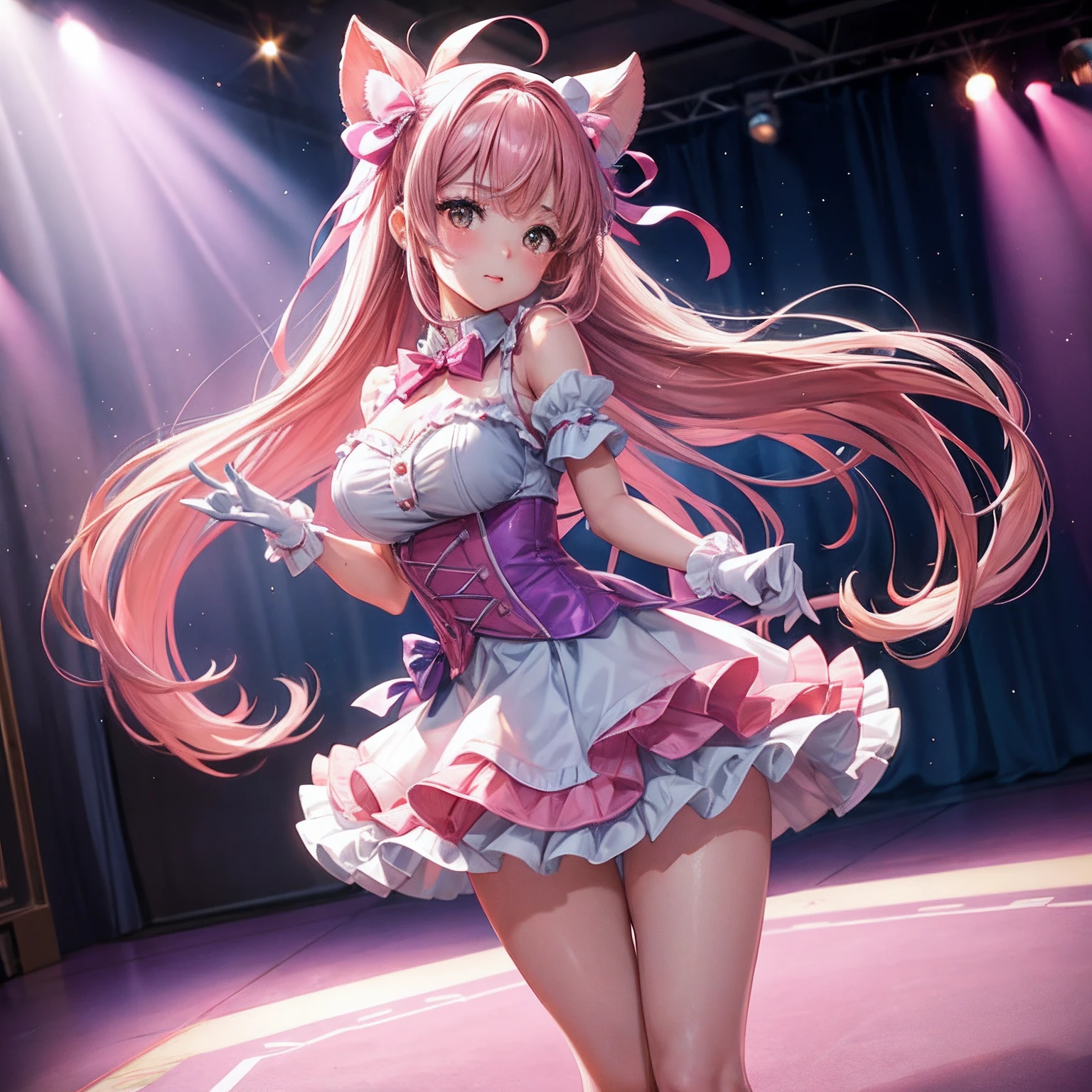 Cute Girl, ta Girl, Photo stand, Facing each other., viewer look., Two-tailed long hair, Pink hair tie bow, Brown eyes, Blue dress, full entire body, stand, White gloves, mediuml breasts, Dance rehearsal room, Light purple backlight