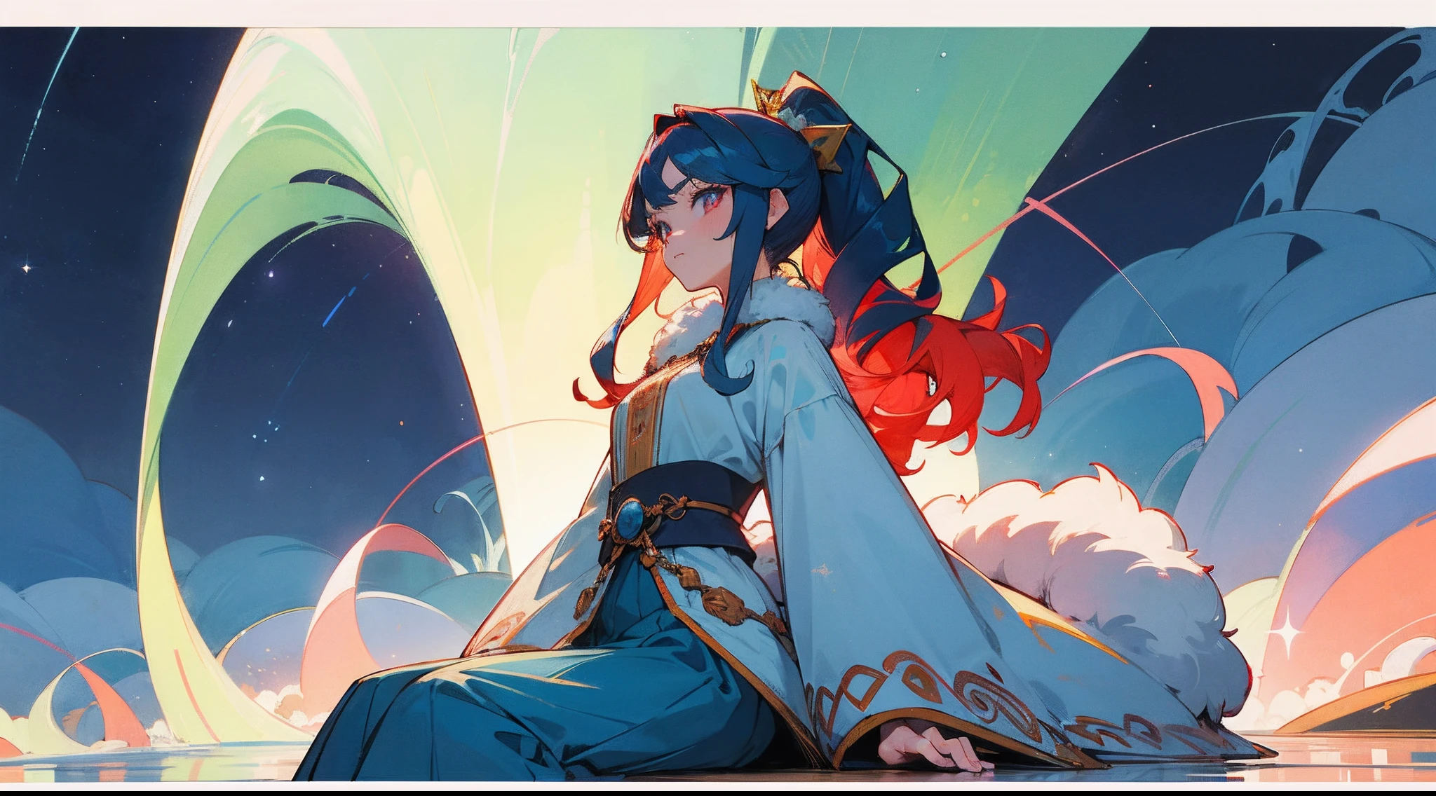 Anime character sits on the wave, Best 4K Anime, anime girl, background art, background illustration, Background of the game, Anime background, background image, ((tmasterpiece)), (((beste-Qualit))), Holds a trident, sly look, illustartion, 1 girl, Majestic view, Princess, (multi-colored hair, Hair gradient, Hair color from blue to peach, without bangs, curly curl on the cheek, hairstyle: high ponytail, long tail), The eyes are crimson-red, A detailed eye, long eyelashes, wide eyes, Environment change scene, big breastes, Regular, (Traditional blue costume, Clothing of a northern character, fur, Layering of clothes, Small Blue Gemstones, white patterns on the fabric in the form of stars), Bright clear sky, Smooth gradient, northern lights