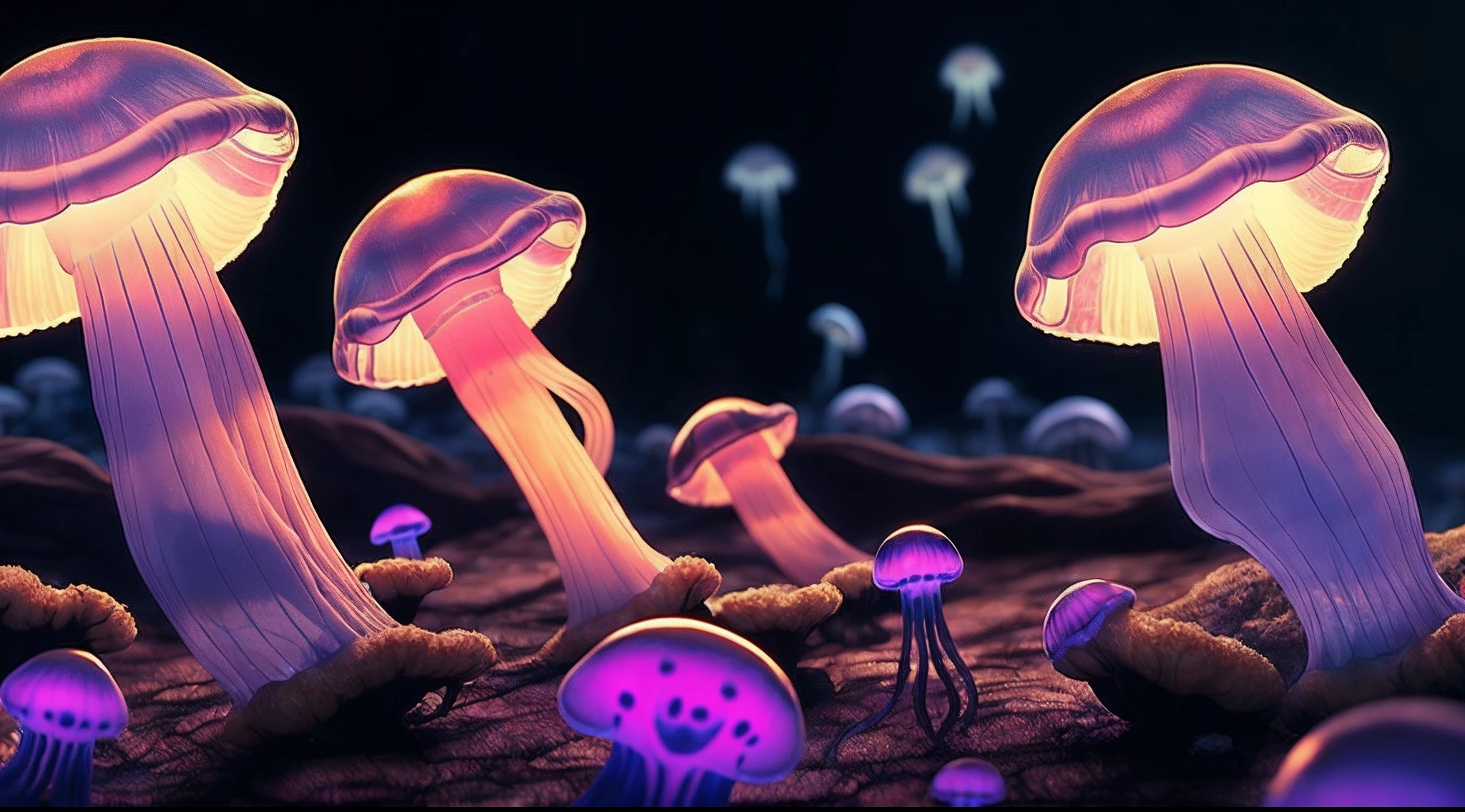 Fungal Wastes, night and (jellyfish:1.2), [Style-Petal], Style-Glass, closeup, dramatic, volumetric lighting, subsurface scattering, (highly detailed:1.2), bokeh,