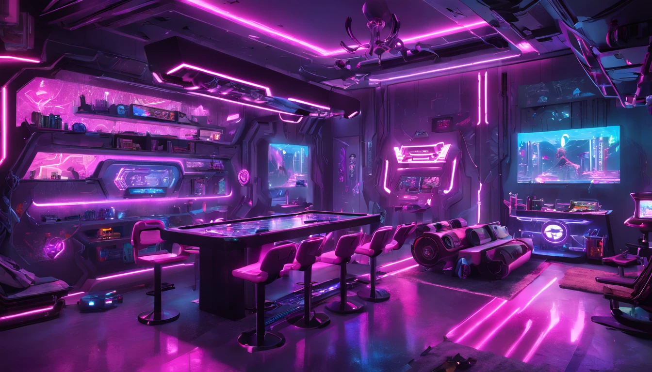 "Lively cyberpunk playroom with realistic purple-pink neon lights, Create an intense futuristic atmosphere, Action-packed gameplay scenes."