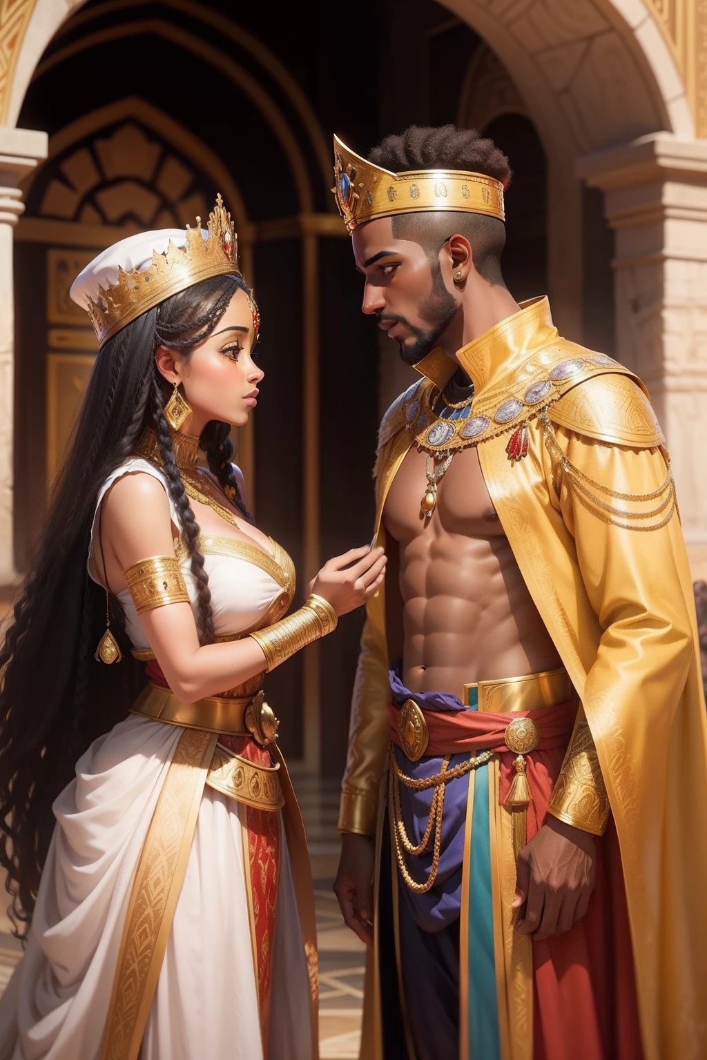 an interracial  couple in full royal garb romantic embrace, curvy hourglass figure woman in loin armor , , royal pearl navel piercing , nipple piercing ,swooping breasts , wide hips, thick muscular thighs, man fully clothed, man in royal pants, face to face, european and african, darius zawadzki and lkjhgf, , full body, interracial couple, brownskin , jeweled loin guard, rendering, digital painting, Imperial coat of arms Russia, naked female , beautiful attractive antique king and queen  lovers. ultra realistic skin texture , 8k, highly detailed face, intricate details