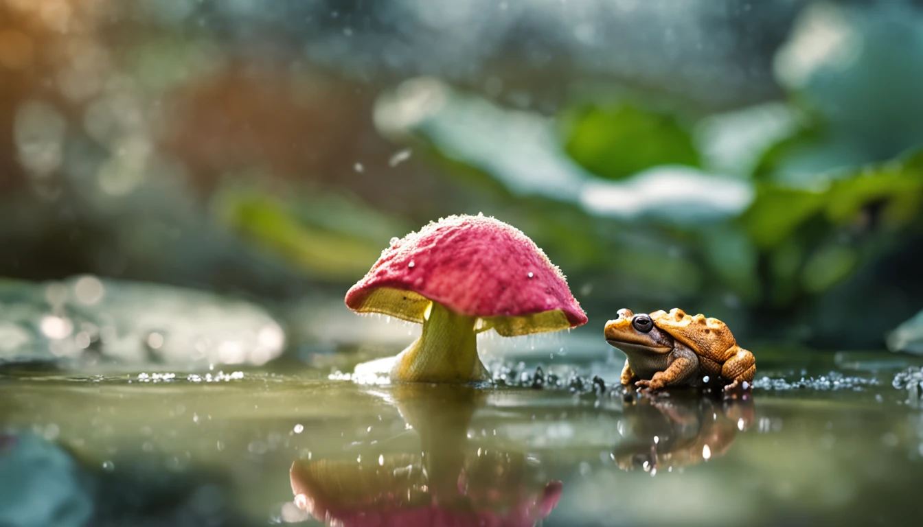 microcosm , Masterpiece , macro photography , cobweb, filmgrain, Bokeh , Smoke , Highly detailed, Sunny Sunny weather, Microflower, The drops, bblurry, （1 realistic toad sitting on a lotus leaf，Looking at 1 swan next to it：1.5）， Azure background, subdued contrasts, rendering by octane , illusory engine