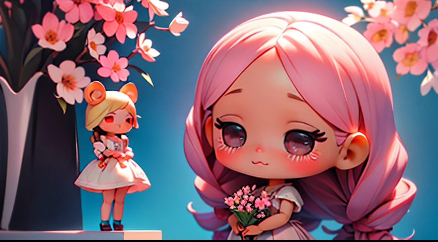 photoRealstic、Doll standing in front of the painting、bionde、Face crying while laughing、Tears on the cheeks、closing eye、Sengai、pixiv、rokoko、dollfie dream、watercolor Nendoroid、(High Definition Figure)、flowing sakura-colored silk、nendroid、bustup、Cherry blossom petals、Flowing cherry blossom silk、season!!: 🌸 ☀ 🍂 ❄