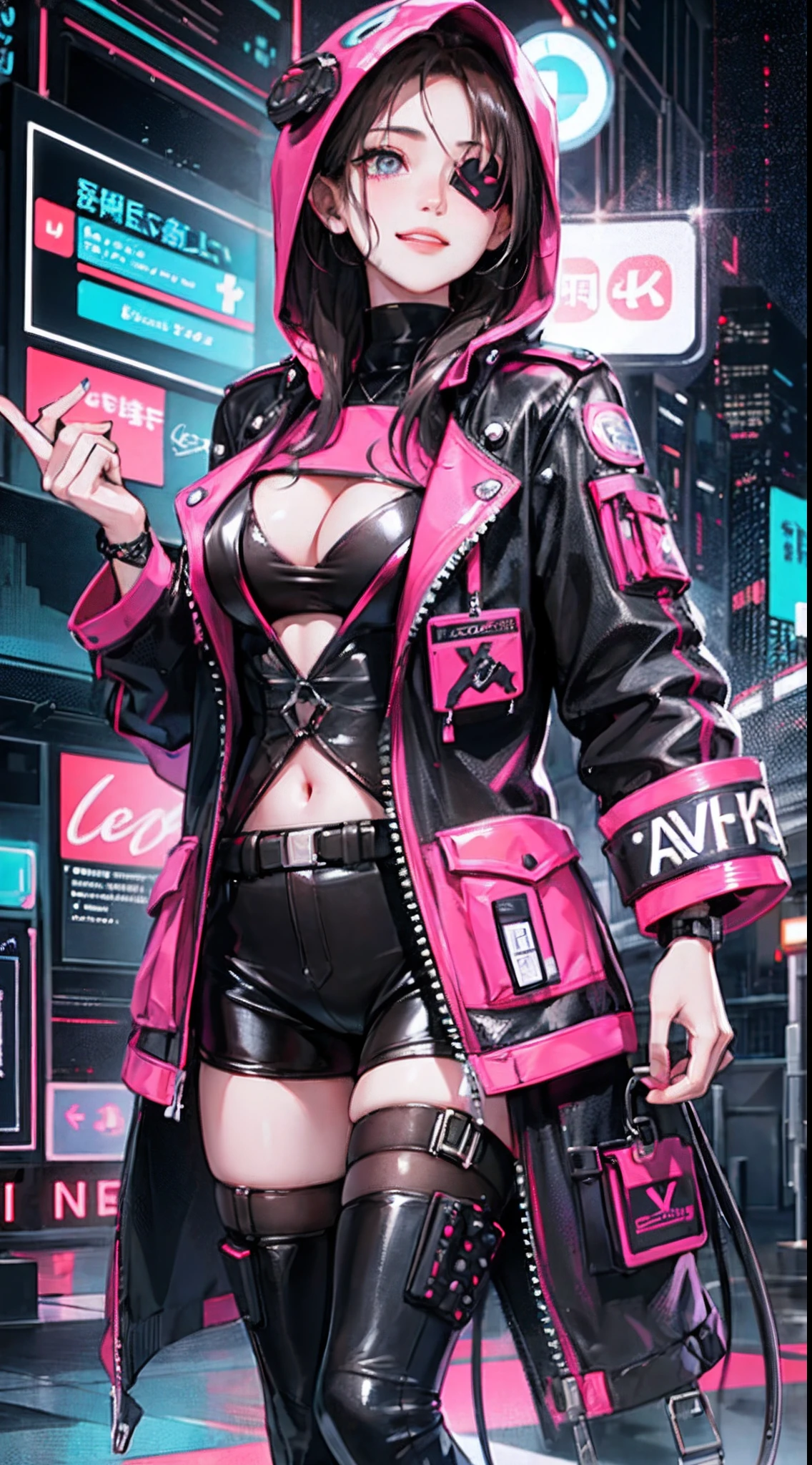 (1girl in)、(Plump beauty)、(30-years old)、(Very long hair)、(Top image quality)、(8K picture quality)、(cyberpunked)、(masutepiece)、 (Flickering of light)、(Wear a cyberpunk hooded military uniform)、(confident grin:1.2)、(an eye patch)、(Full body photo)、cinematric light, Cinema Shadow, Sharp Image, Extremely detailed, Volumetric, Bright sprites, particles effect, beautiful effects, Vivid colors, neons, Neon light, Highly detailed image textures, detailed hairs, Detailed face, Detailed eyes, Full body photo, city、Dark hair、Eyes glow、Sparkling red aura、Photo from the knee up、beautiful effects, Vivid colors, Highly detailed image textures, detailed hairs, Detailed eyes,(Cyberpunk cityscape)、