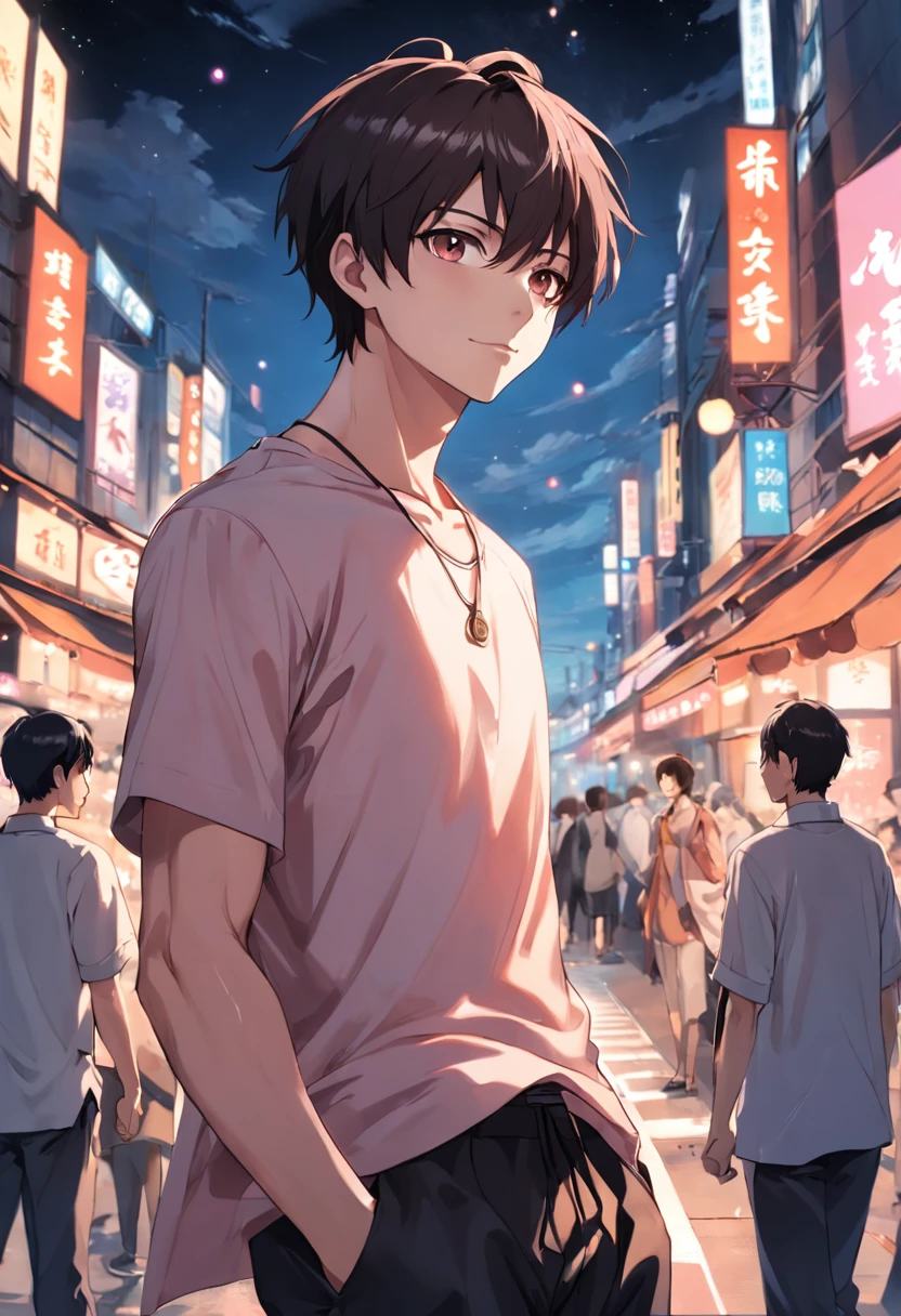 The male,being thin,Short hair, middle parted bangs, grin, Light smile, The male, Peach blossom eyes, largeeyes,Youth, Solid black T-shirt, Black-brown hairstyle, Brown eyes, being thin, Beach pants, Wear the watch on your hand,Boy highly details, High quality,background skyscrapers,natta,full of lights,Male Figures