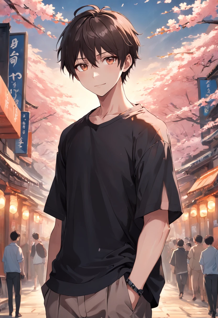 The male,being thin,Short hair, middle parted bangs, grin, Light smile, The male, Peach blossom eyes, largeeyes,Youth, Solid black T-shirt, Black-brown hairstyle, Brown eyes, being thin, Beach pants, Wear the watch on your hand,Boy highly details, High quality,background skyscrapers,natta,full of lights,Male Figures