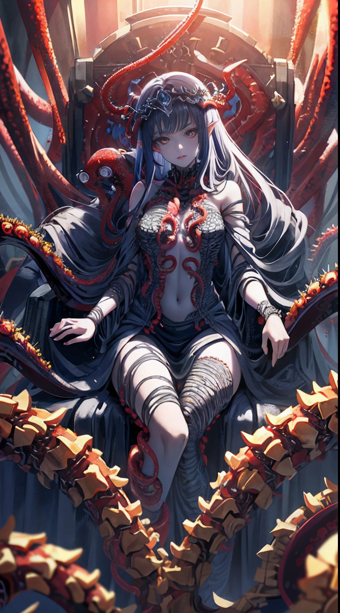 Perfect structure， （aquarelle）， digital illustrations， style of anime， grimy， mistic （Dark Princess：1.2）， Sit on the Void Throne， Chaos reigns， unholy， unholy， （delicated， exalted：1.2）， Beautiful beyond words， highly  detailed， Volumetriclighting， vivid dark colors， vibrant red colors， dynamic compositions， Sharp and clear images， done in photoshop，Surrounded by tentacles，The limbs are wrapped around the tentacles，The tentacles pass between the legs，Tentacles wrapped around the torso，Tentacles wrapped around the neck，Behind him was a huge spider，There are a lot of spiders on the throne，The corpse was crawling with spiders