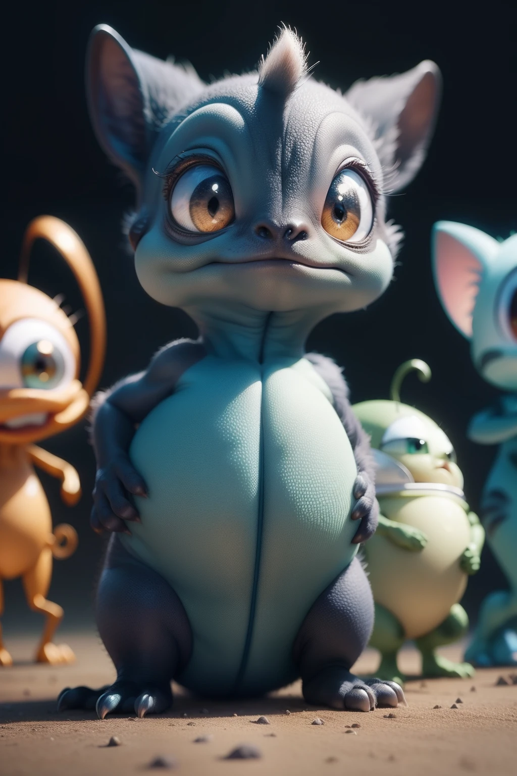 funny crowd of alien animals standing for a group photo, Close-up, very funny and varied in shape and size little animals, Disney Pixar style, super-realistic, cinematic, gloomy blurred background, light haze