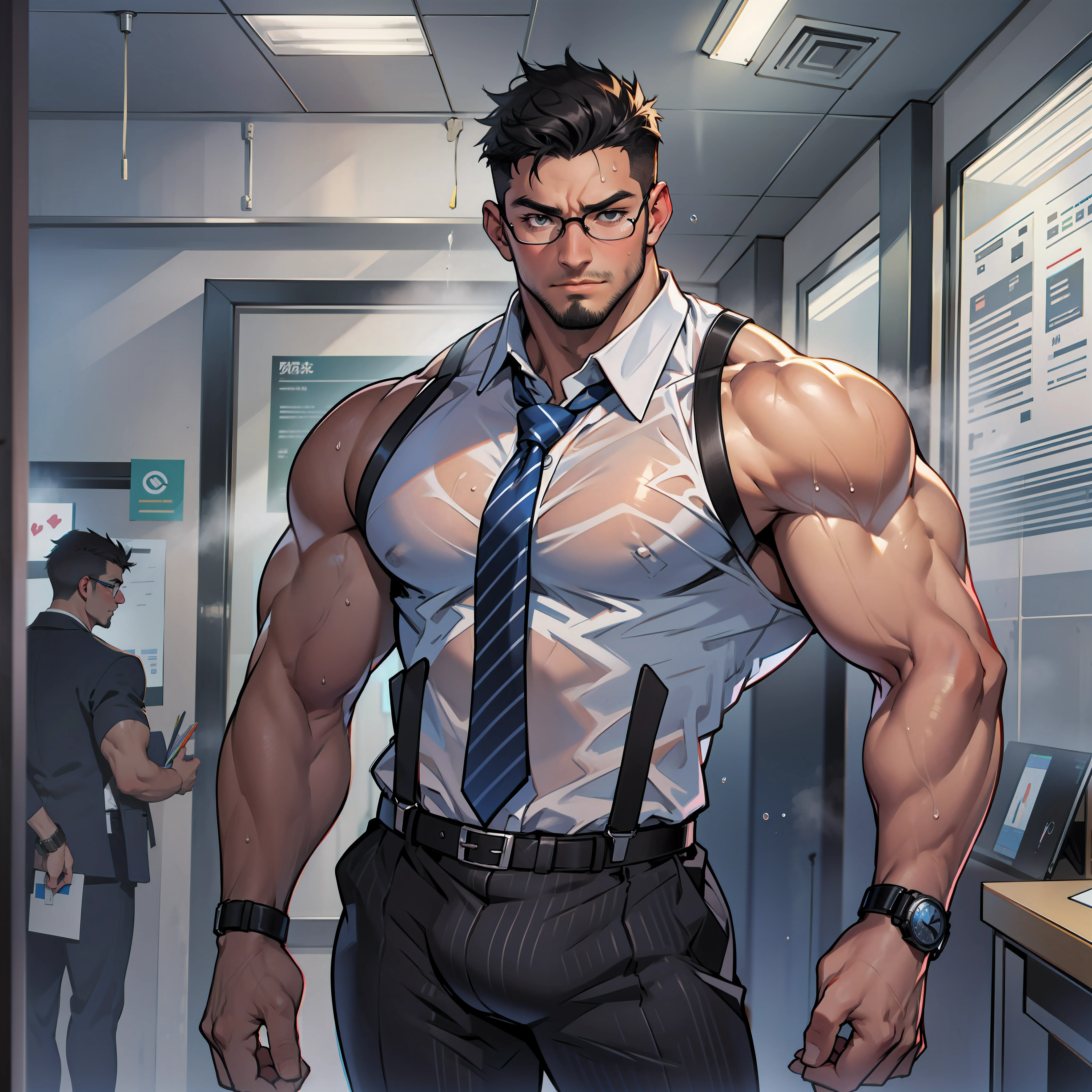Men only, office building of a major company, in a glass-walled office, presentation, holding a smartphone in hand, employee card hanging from the neck, employee ID card on chest, office worker, businessman, glasses with black under-rim, business suit, tight and tight business jacket, tight and skinny business slacks, Tight and tight sheer white long-sleeved shirt, tearful shirt chest, tight and tight suit vest, striped tie, suspenders, business shoes, luxury watches, men's socks, mega muscle, hyper muscle, masculine appearance, 35 years old, mature man, tight clothes and pants, sheer clothes, beautiful black eyes, handsome, Fully dressed, beautiful muscles, complex and elegant, highly detailed digital painting, anime style art, art station, concept art, top quality, masterpiece, ultra high definition, detailed background, realistic figure, muscular man, beard, muscle, volumetric lighting, depth of field, smooth and sharp focus, illustration, art, black facial hair, cropped hair, black hair, muscle, navel, muscle, male, gay, hyper muscle, male focus, muscle male, yaoi, muscle, big buttocks, pectoral muscles, large pectoral muscles, thick quadriceps, wide shoulder width, large latissimus dorsi, big biceps, thighs, wet body, heat and steam emanating from the body, sweating, drenched, crotch, big back, looking back, showing back, showing buttocks, upper class, shiny oiled skin, Glittering Oiled Skin, Tanned Skin, Bubble Butt, , Muscular Anime Man, Gigachado Muscles, Muscle!, High Resolution Commission, Beef Cake Pose, Muscular!, Super Buff and Cool, Muscular!, Top Rated on pixiv, Super Buff and Cool, SFW Version, Line up multiple people's buttocks