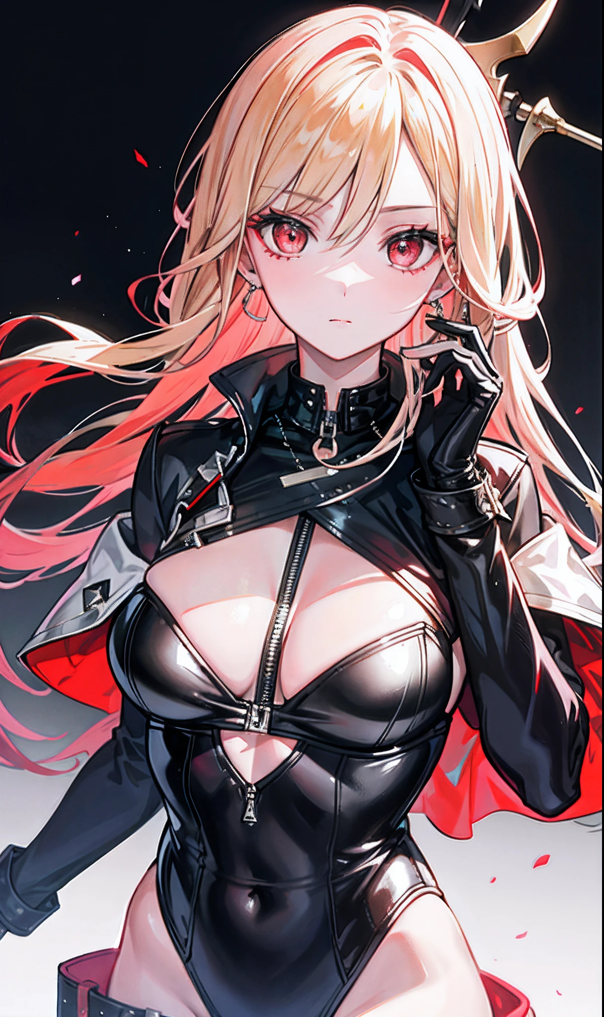(tmasterpiece,Sideslit,Beautiful eyes:1.2),(tmasterpiece*sportrait),sportrait,busts,(busts),Lifelike,Anatomical correct,3D脸,luscious skin,(Solo),Blonde hair and pickaxe dyeing,Gradient hair,(closeup of face),Lovely face,(Fire opal-like scarlet eyes),Hanging eye corners,((highdetailskin,Visible pores)),(Perfect body),beuaty girl,little breast,((Women's extra short shawl leather jacket)),((leotard)),(ear studs),(Neck strap),very short gloves,(chain)