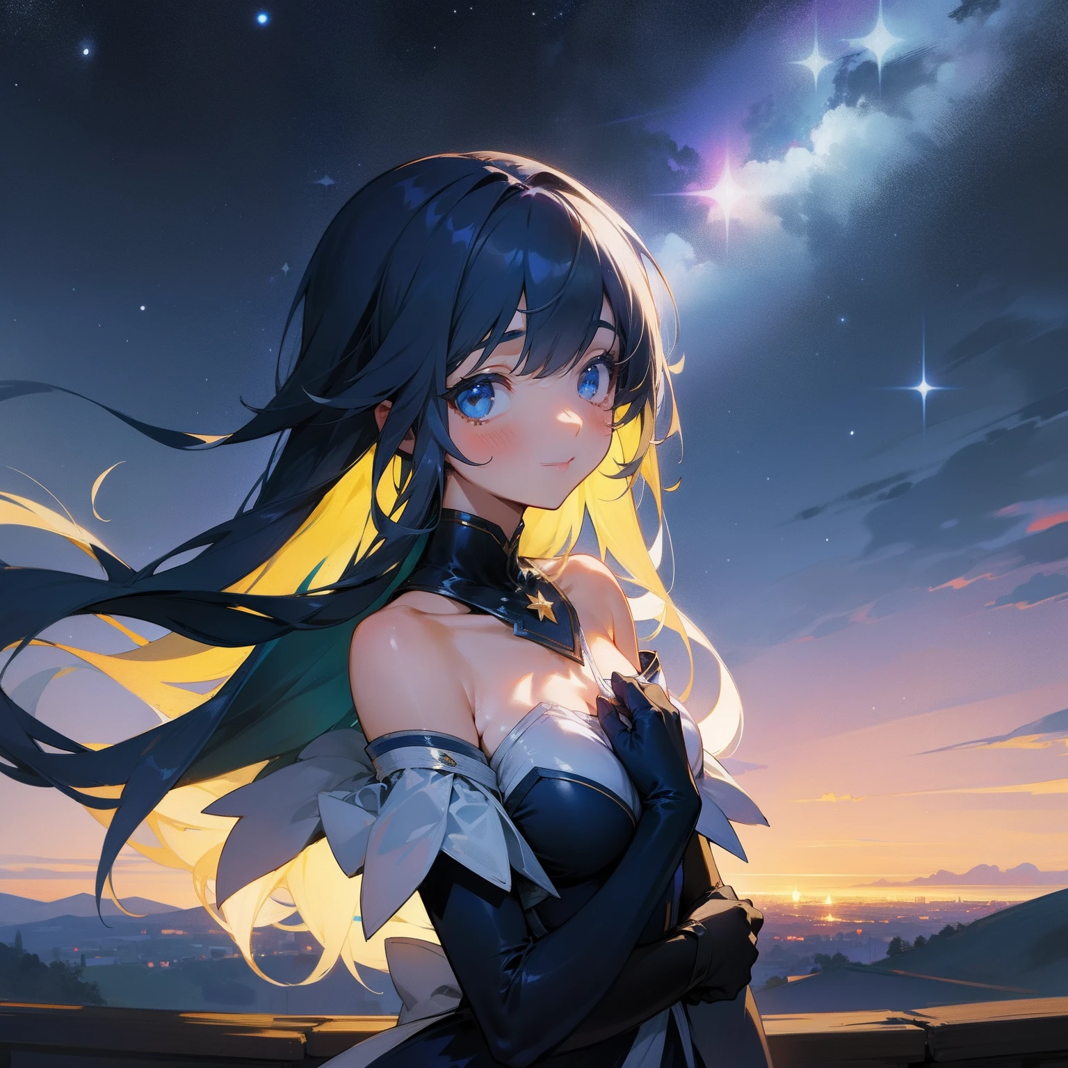 Shyness A smile Erotic Clothes with shoulders out girl with View Viewer Midnight Beautiful starry sky