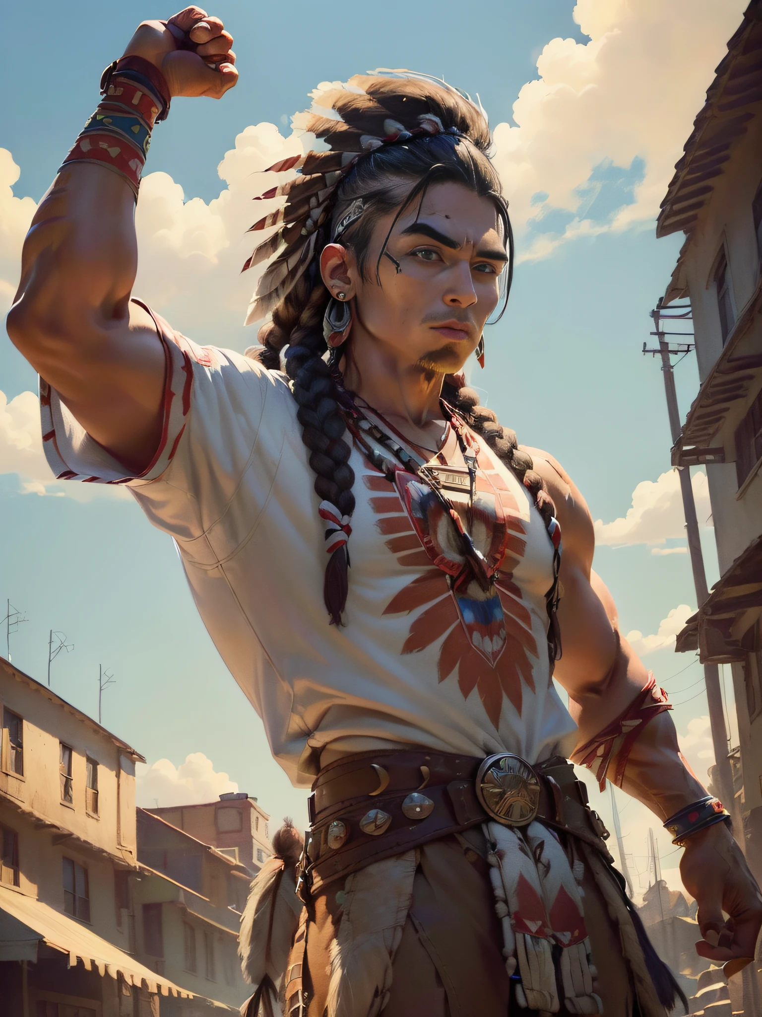 (superfine illustration, Best Quality, Ultra-detailed, :1.5), (native American male, raise one arm up to the sky, male focus, solo, Perfect fingers, Perfect hands:1.5), (is wearing personal clothing:1.5), looking forward, back alley as background, dreadlocks, hair pulled back, male face, male eyebrows, sharp eyes, sharp nose, forehead, from behind,