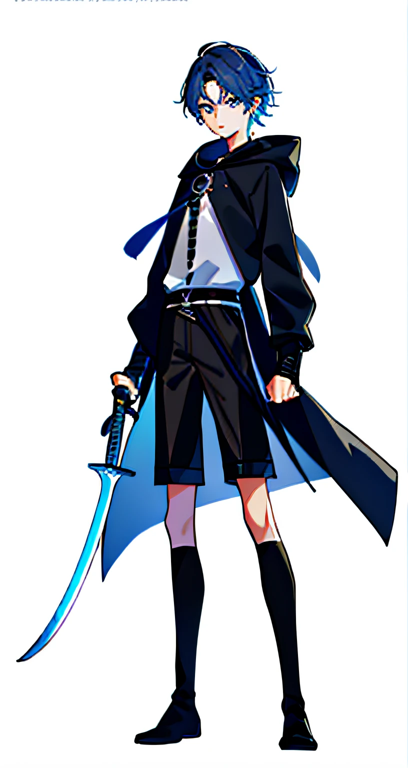 Cartoon drawing of a boy with a sword and a hoodie, holds a black sword, while holding a sword, as an anime character,  Holding a long sword, blue color eyes，brunette color hair，Stockings，Black short sleeves，Black  shorts，Ark of tomorrow style