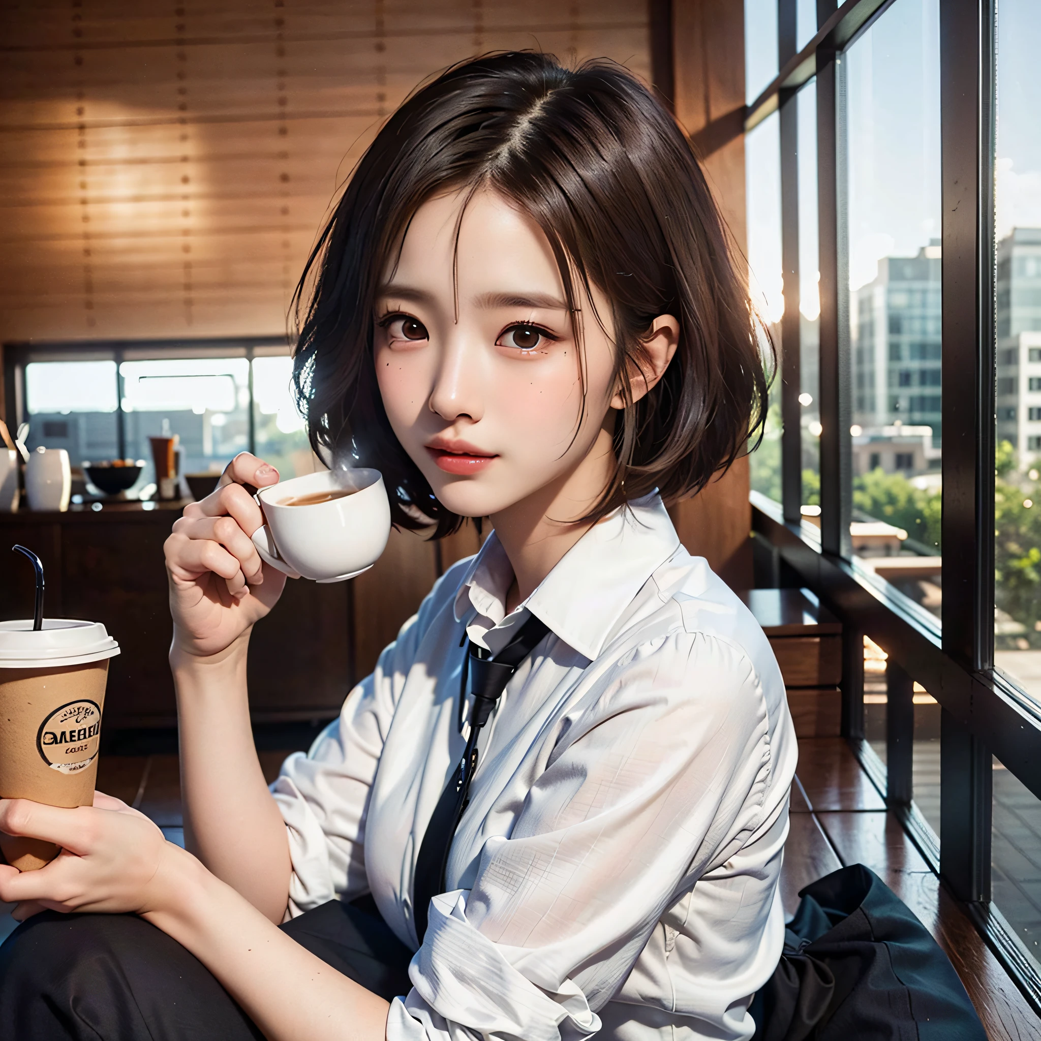 formal clothes, breakfast in cafeteria, elegant woman, neat hair, natural makeup, cozy atmosphere, steaming cup of coffee, soft light.