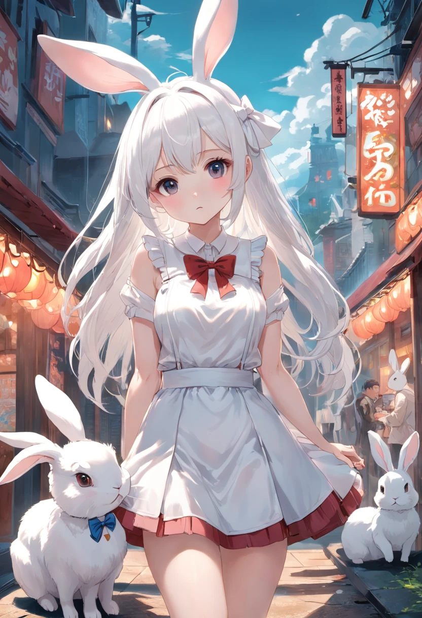 Girl, White Rabbit, White Hair, Bow, White Short Skirt, White Top, One hand behind him, the other hand holding the white rabbit milk candy