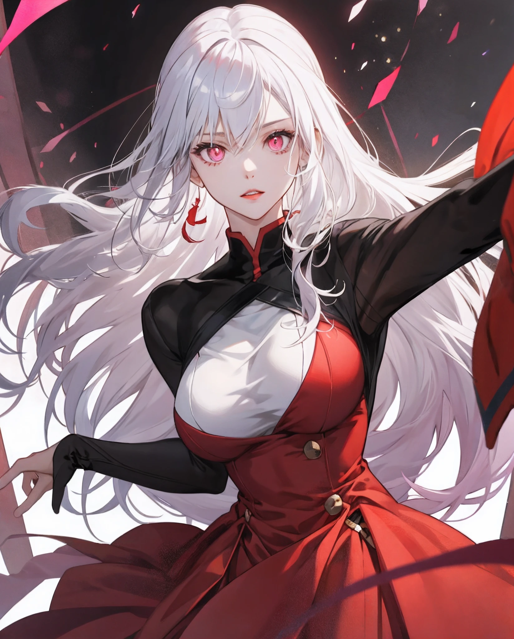 s girl,anime big breast,white color hair,Pink eyes,The figure is good,Wear a red dress