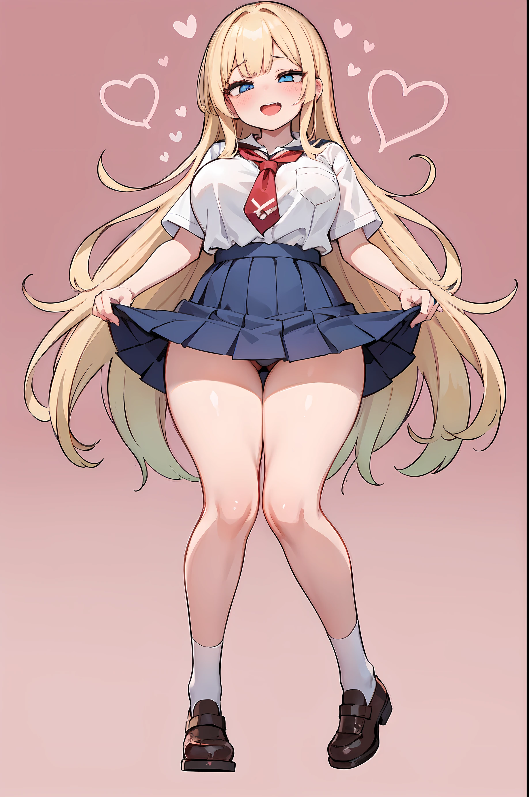 ((masterpiece)), ((best quality)), (ultra detaile:1.2), Pose like an erotic doujinshi character, //, a cute girl, 1girl, (solo:1.2), //, school uniform, //, beautiful Golden blonde hair, ((beautiful eyes)), white-skinned, Long curly hair, big breasts, Voluptuous body, //, (ahegao:1.3), laughing, full body, gradation, //, Bright pink background designed with hearts, //, shiny-glistening, ultra shiny body, gleaming