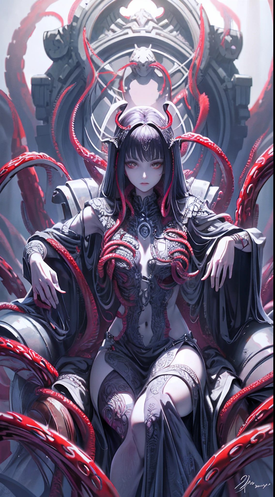 Perfect structure， （aquarelle）， digital illustrations， style of anime， grimy， mistic （Dark Princess：1.2）， Sit on the Void Throne， Chaos reigns， unholy， unholy， （delicated， exalted：1.2）， Beautiful beyond words， highly  detailed， Volumetriclighting， vivid dark colors， vibrant red colors， dynamic compositions， Sharp and clear images， done in photoshop，Surrounded by tentacles，The limbs are wrapped around the tentacles，The tentacles pass between the legs，Tentacles wrapped around the torso，Tentacles wrapped around the neck，Behind him is a huge spider，There are a lot of spiders on the throne，The corpse was crawling with spiders