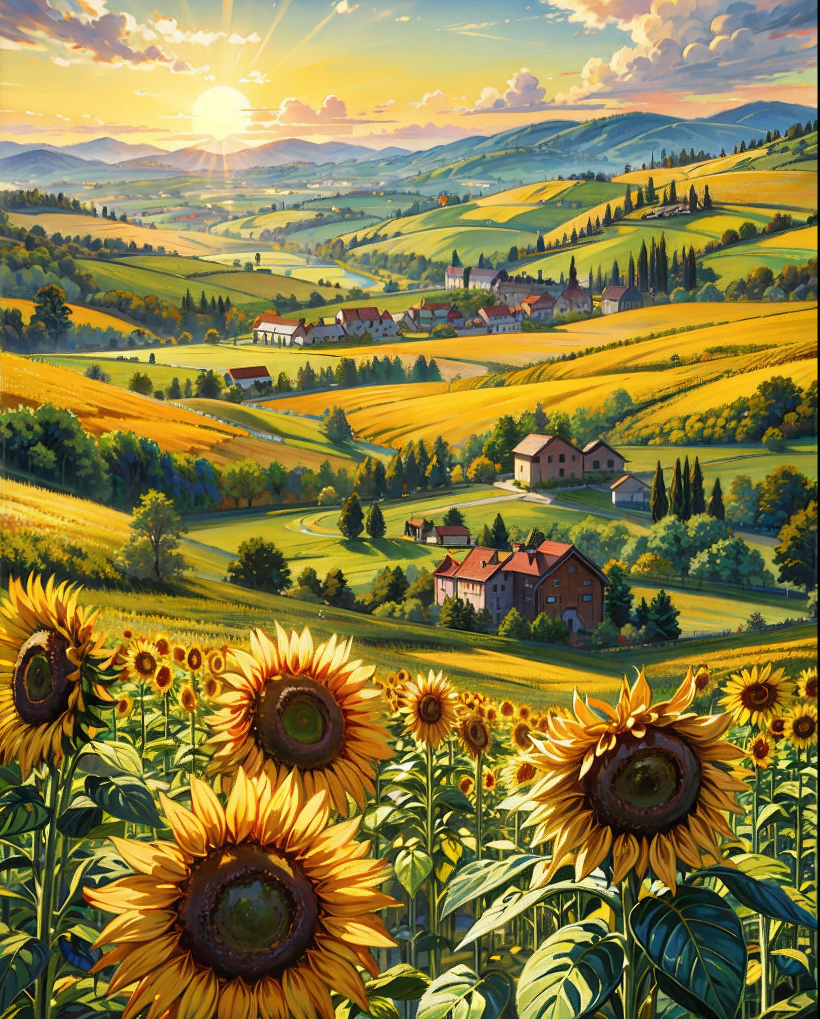 painting of sunflowers in a field with a farm in the background, tuscany hills, scene: sunflower field, scene : sunflower field, inspired by Guido Borelli da Caluso, sunflower field, by Igor Grabar, colors: yellow sunflowers, colors : yellow sunflowers, field of sunflowers, by Antonio Rotta, sunflowers, a beautiful landscape, by Vladimir Kush