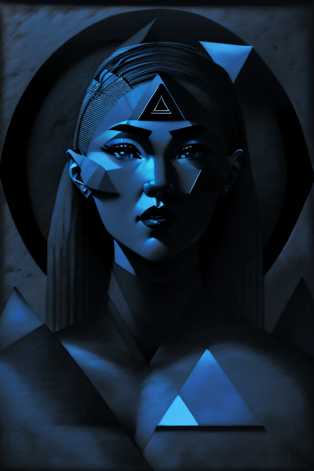 (masterpiece, 4k ,ultra detailed,raw photo:1.2),illustration, (portrait:1.2),(from front:1.2),(looking forward:1.2), (simple background,black and dark blue background1.4), (art deco:1.4), (minimalism:1.4), (clean:1.4), (flat_color:1.4), (geometric pattern:1.4), (triangle:1.5), CCDDA Artstyle