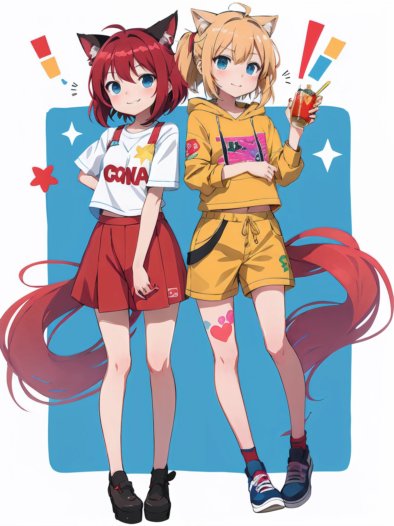 anime characters with cat ears and red hair standing next to each other, Cushart Kenz, Belo estilo de arte, Nice anime style, em estilo anime, arte anime de alta qualidade, duas lindas garotas de anime, Estilo anime 4K, illustration Anime style, Estilo de arte de anime, vestindo roupas vermelhas e amarelas, garotas de anime, Estilo Anime Ecchi, Estilo de Arte de Anime