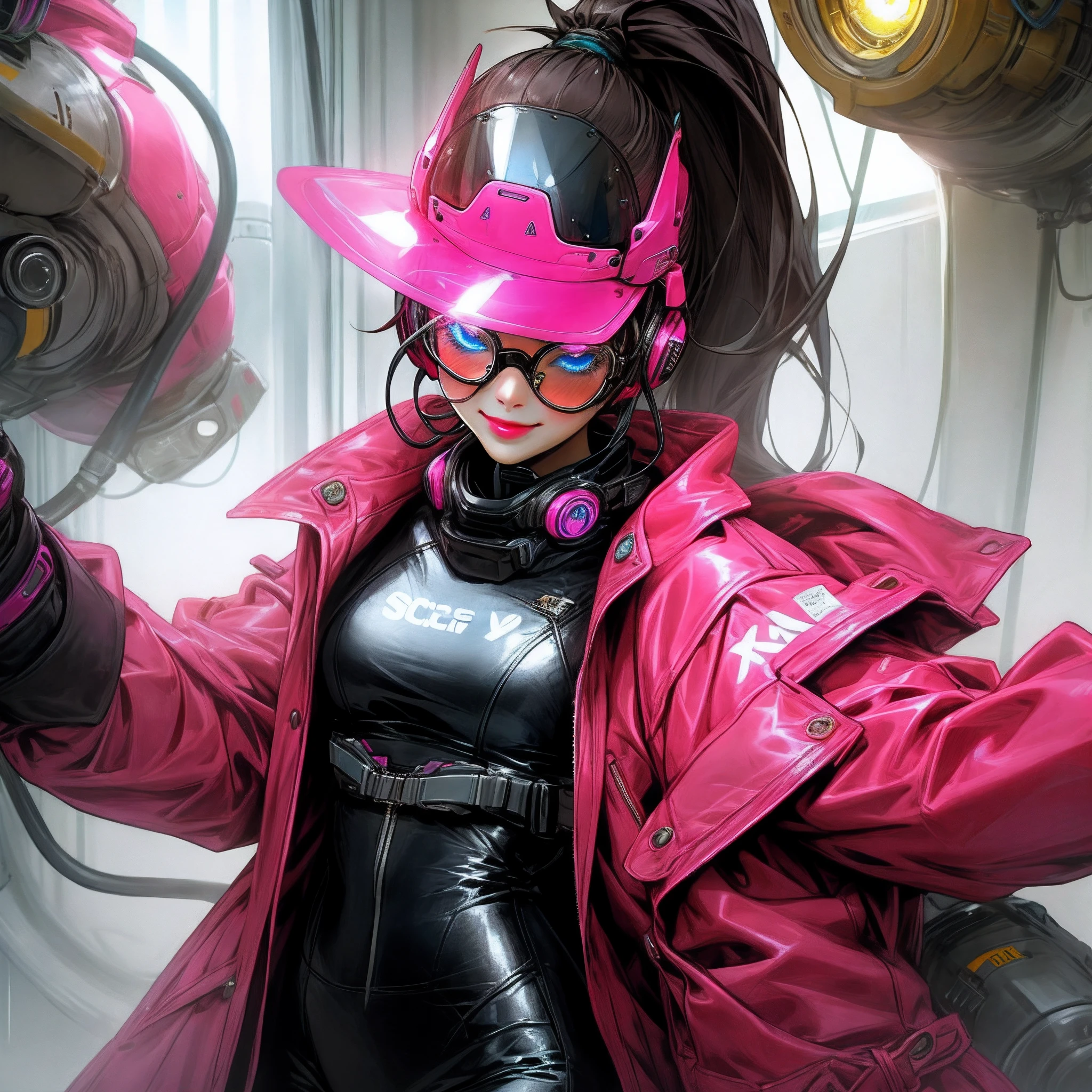 Helen Parr. masterpiece. top-quality. solo. brown haired. A black mask that obscures the eyes. Latex bondage. Tattoo of the lower abdomen. adult lady. Sharp Eye Mask. Provocative smile. shorth hair. red and black costume. headphones. full body Esbian. Pink lighting,