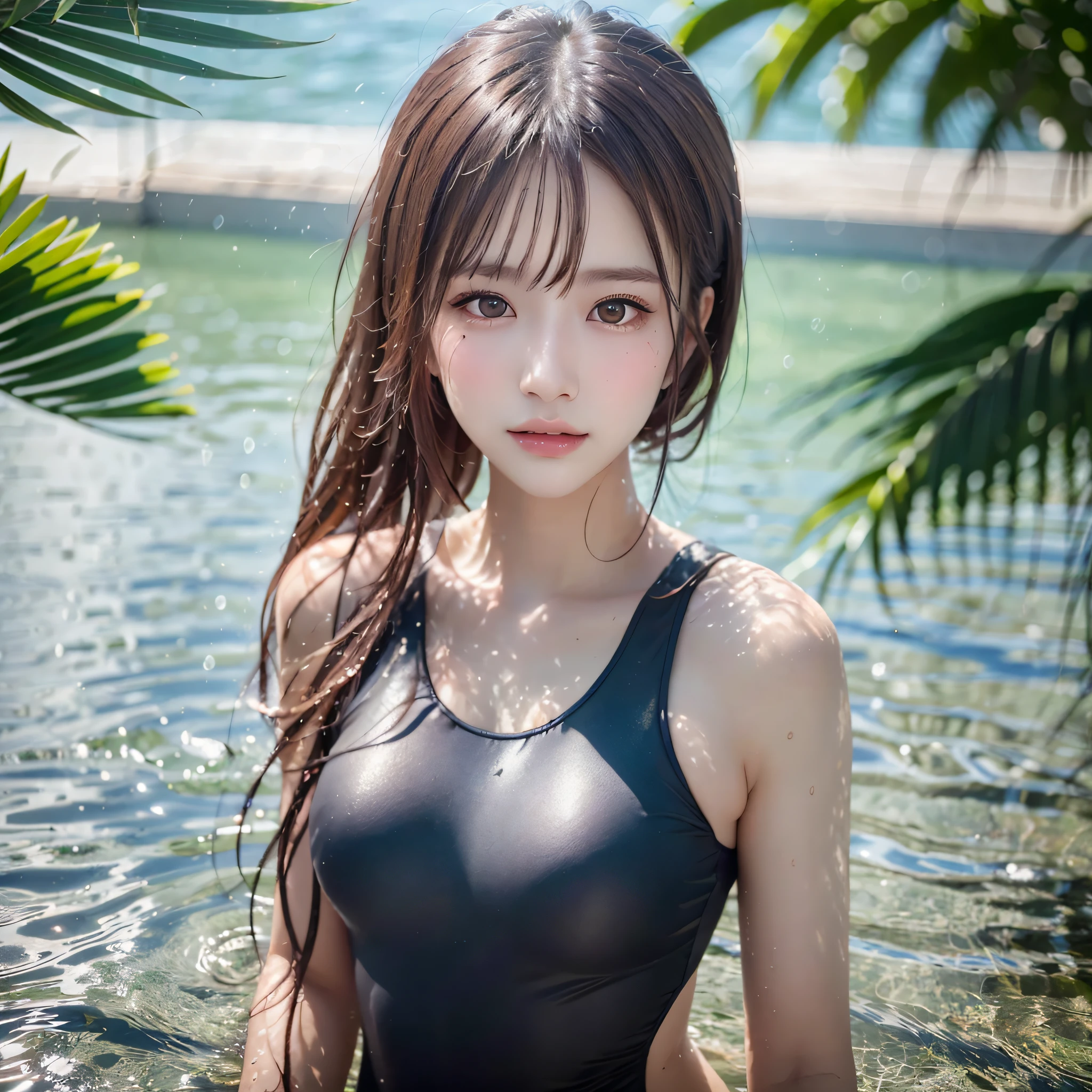 (MASTERPIECE:1.2),(REALISTIC:1.5),(POST PROCESSING:1.3),(SHARP FOCUS:1.3), 1girl, ((UPPER BODY)), (Swimming suit), (shiny skin), Beach, (high shadows detail) , is standing, selfee, Lake in shallow water, standing