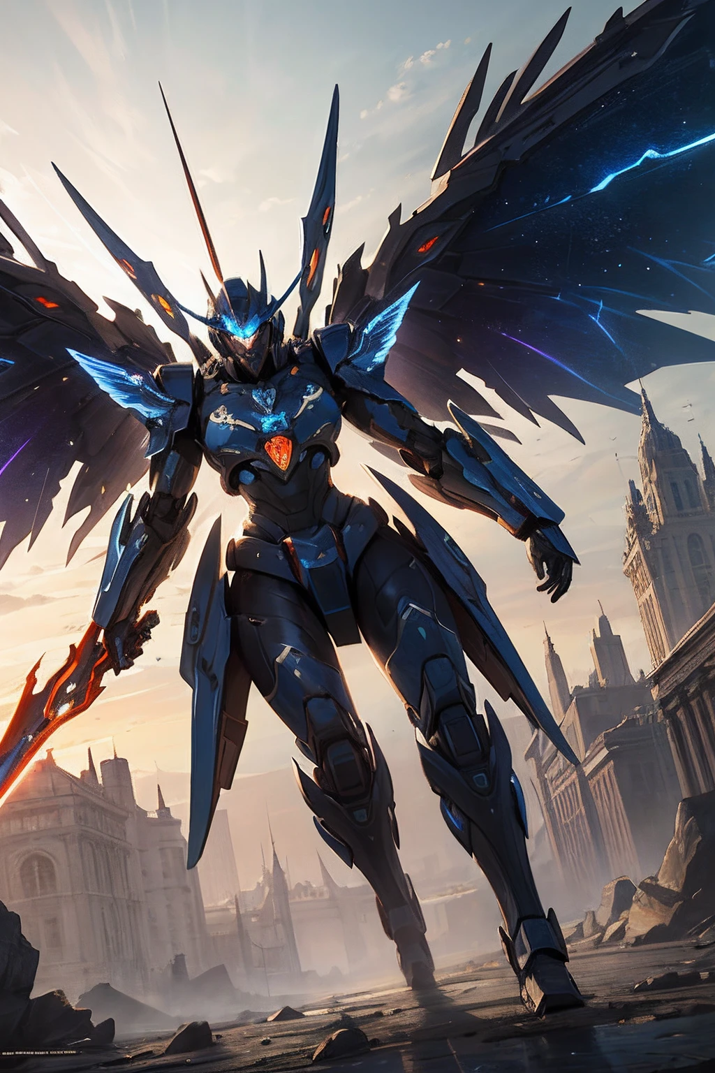 (masterpiece, best quality:1.3),extremely high detailed, intricate, 8k, HDR, wallpaper, cinematic lighting, sky, flying, holding weapon, glowing, armor, glowing eyes, mecha, realistic,mecha, large wings,