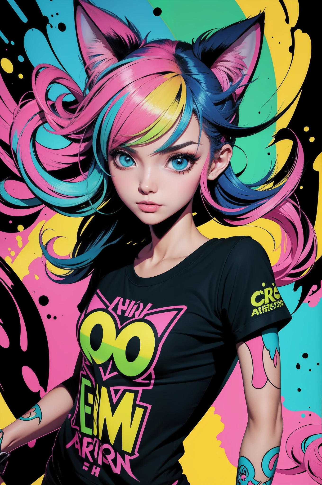 color full, siting on the ground, Harley Quinn, Harley Quinn outfit, lots of hair, curly long pink and blue hair, short red and black skirt , wearing short red and black skirt, dark moody, painting wall back ground, dark moody, cloudy sky, full of moon in sky Realistic, beautiful, natural lightning, 8k, illustrator, masterpiece, high quality, 8k, high resolution, high detailed, high detailed body