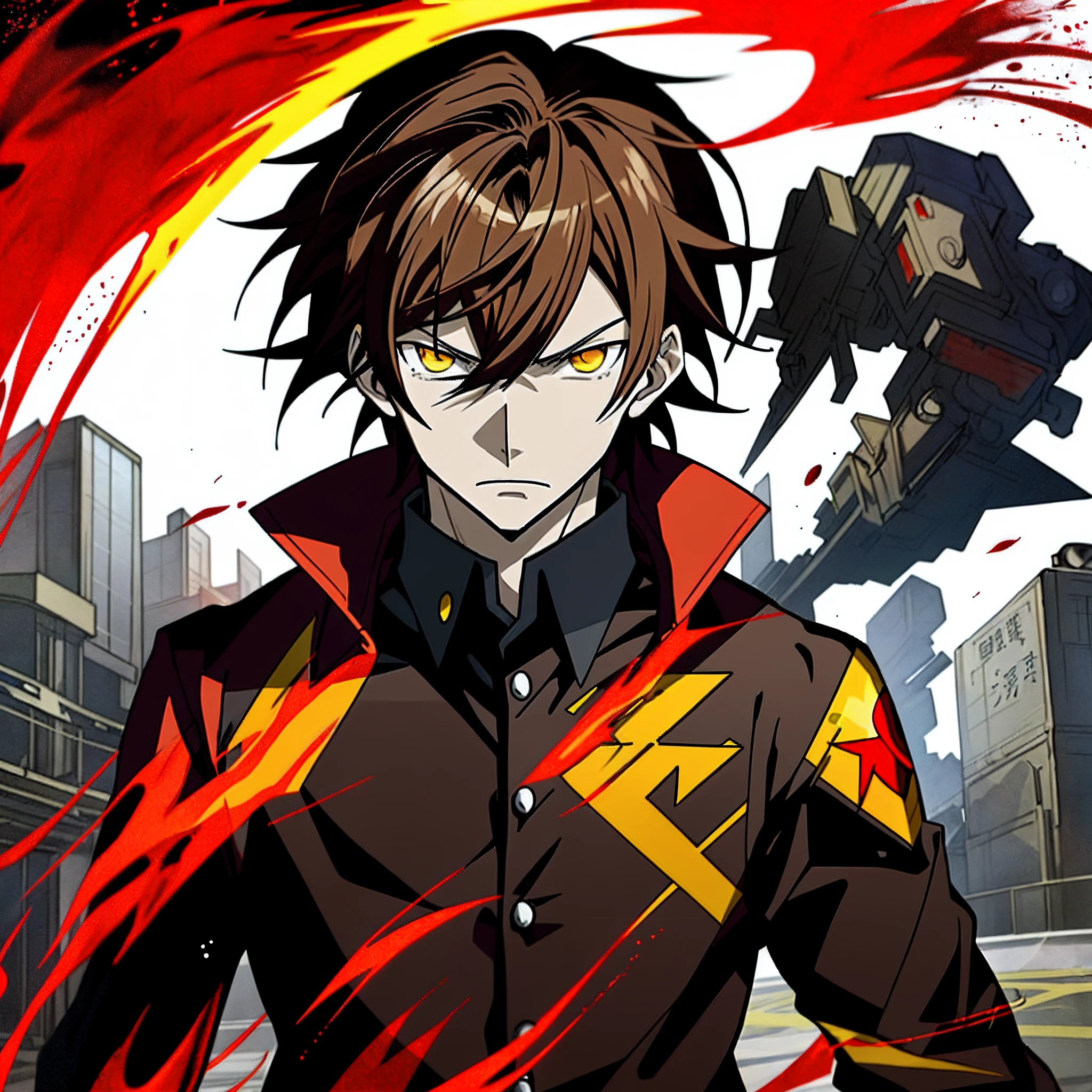 Anime characters with brown hair in black shirt,Red jacket and yellow flame, Badass anime 8 K, Key anime art, shigenori soejima illustration, hajime yatate, male anime character