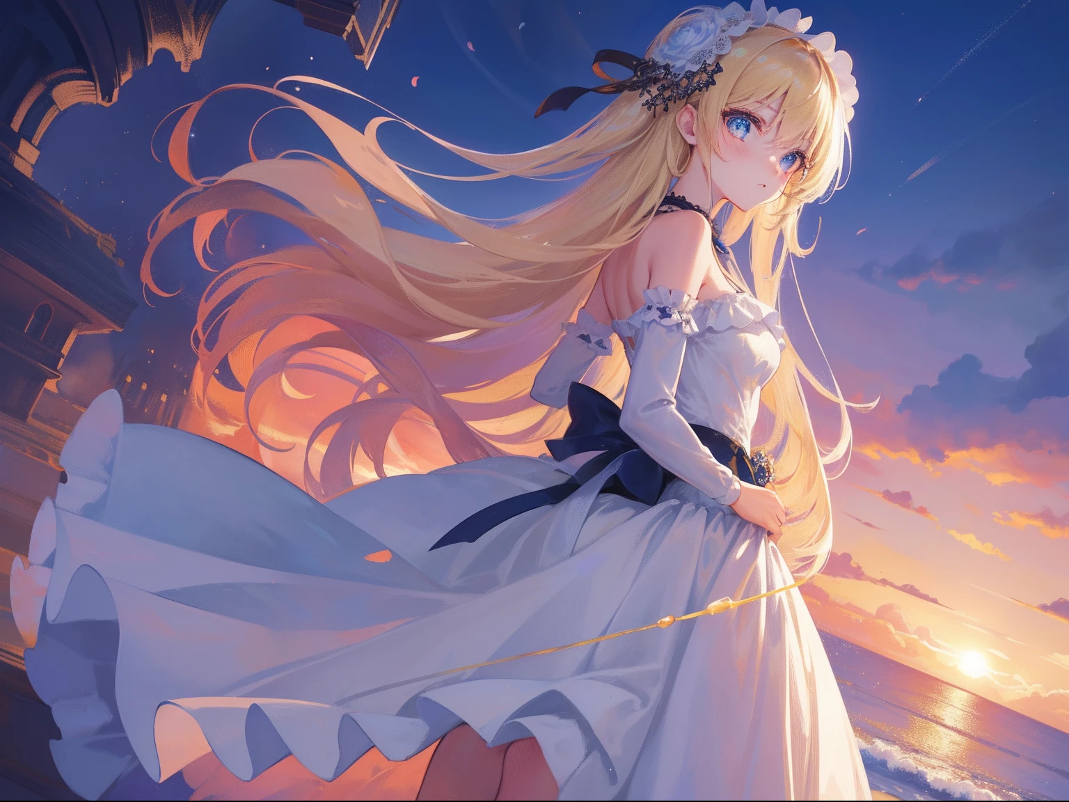(masterpiece、top-quality、top-quality、Official art、(Beautifully Aesthetic:1.2)、(1girl in:1.3、(((Delicat eyes)))、Night Road、starrysky、a blond