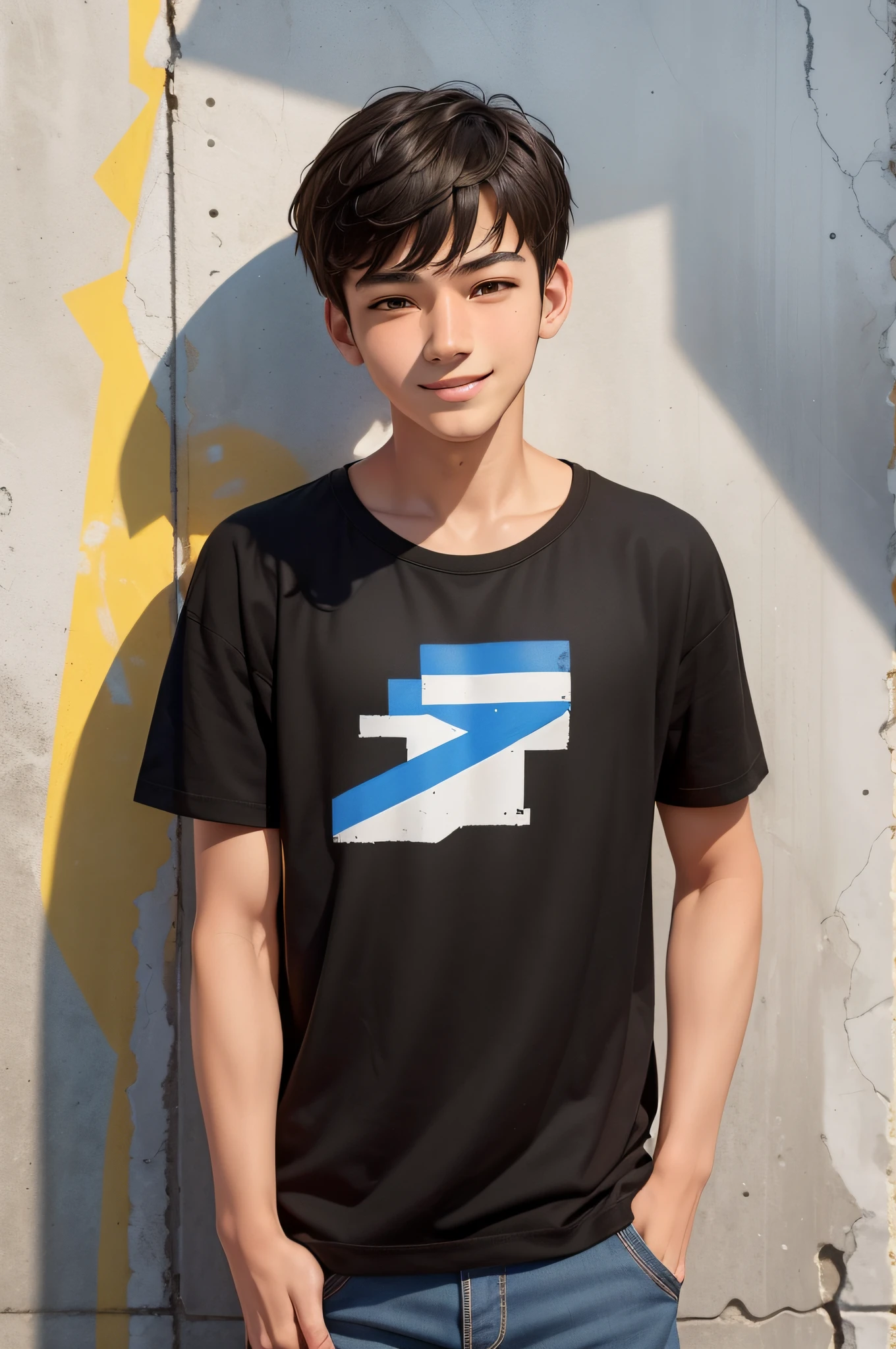 A very handsome teenager passed by me、Carelessly looked at me, Bust Photo, Smiling and looking at me. High Nose, Yellow race, relatively white skin, Black hair, Medium Hair. Background々It is a wall with graffiti painted on it.. Wearing simple short sleeves. Highest Quality.