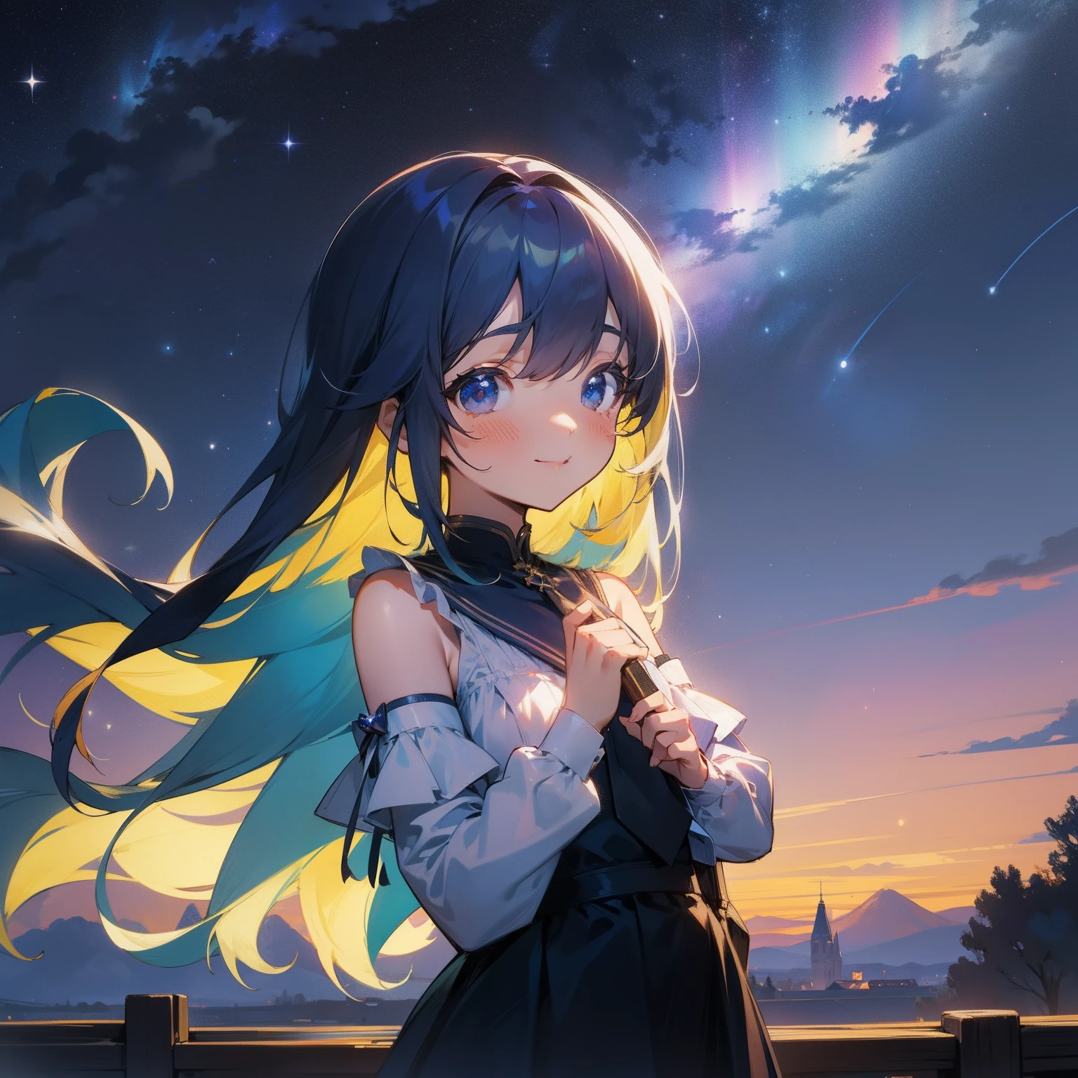 Shyness A smile cute little romantic Shoulder-out shirt girl with View Viewer Midnight Beautiful starry sky