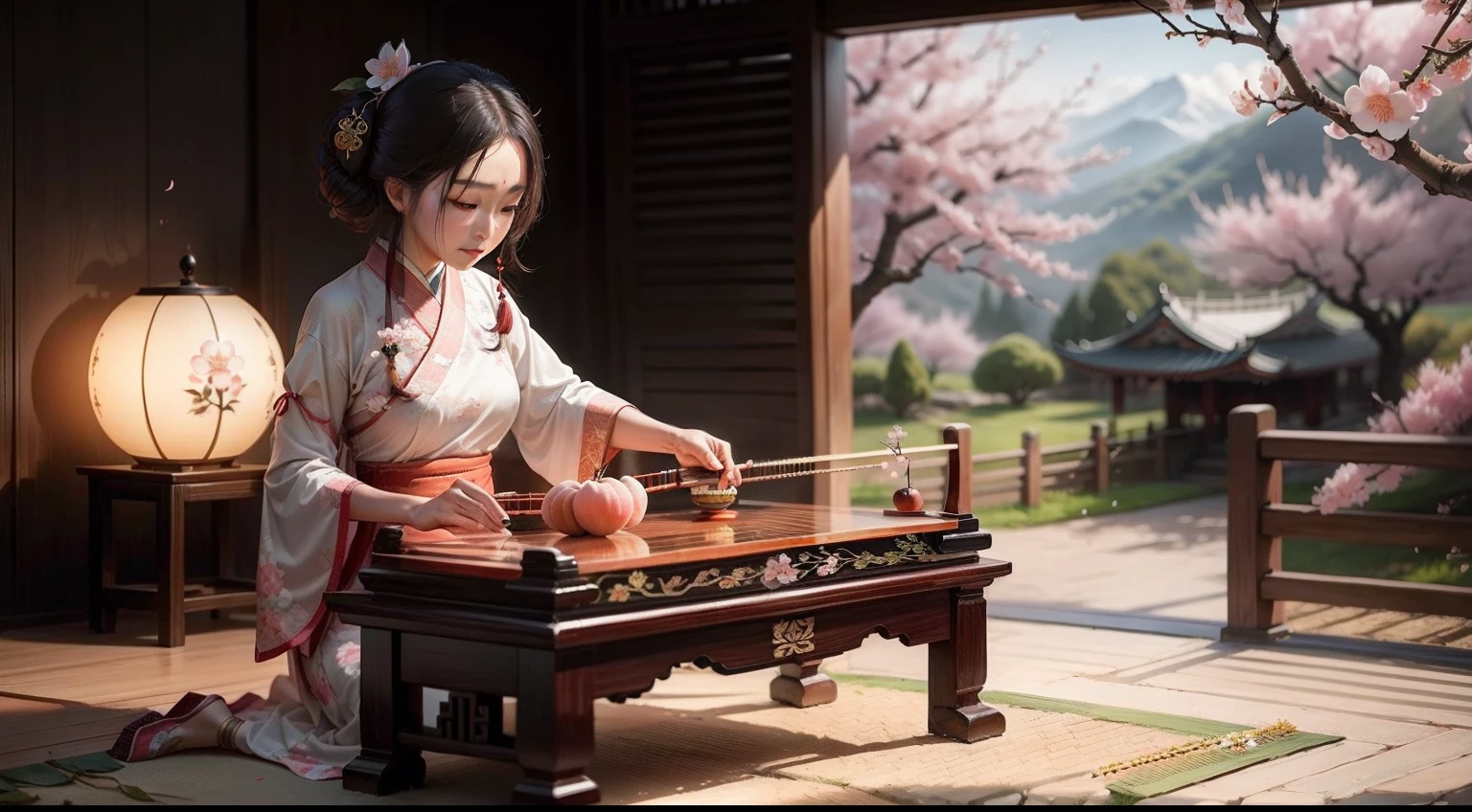 A peerless ancient woman strokes a guzheng under a peach blossom tree