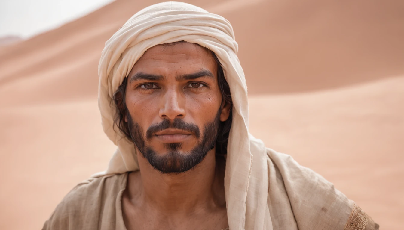 Imagem de um homem com cabelos curtos sem barba em um deserto, com uma vila antiga atraz dele, portrait of bedouin d&d,camponê, bonito cabelos curtus, impressionante realista, pintura detalhada 4K, rosto de jesus, handsome prince of persia, jesus of nazareth, inspirado em Christophe Vacher, pintura digital detalhada, Pintura realista de 64 bits