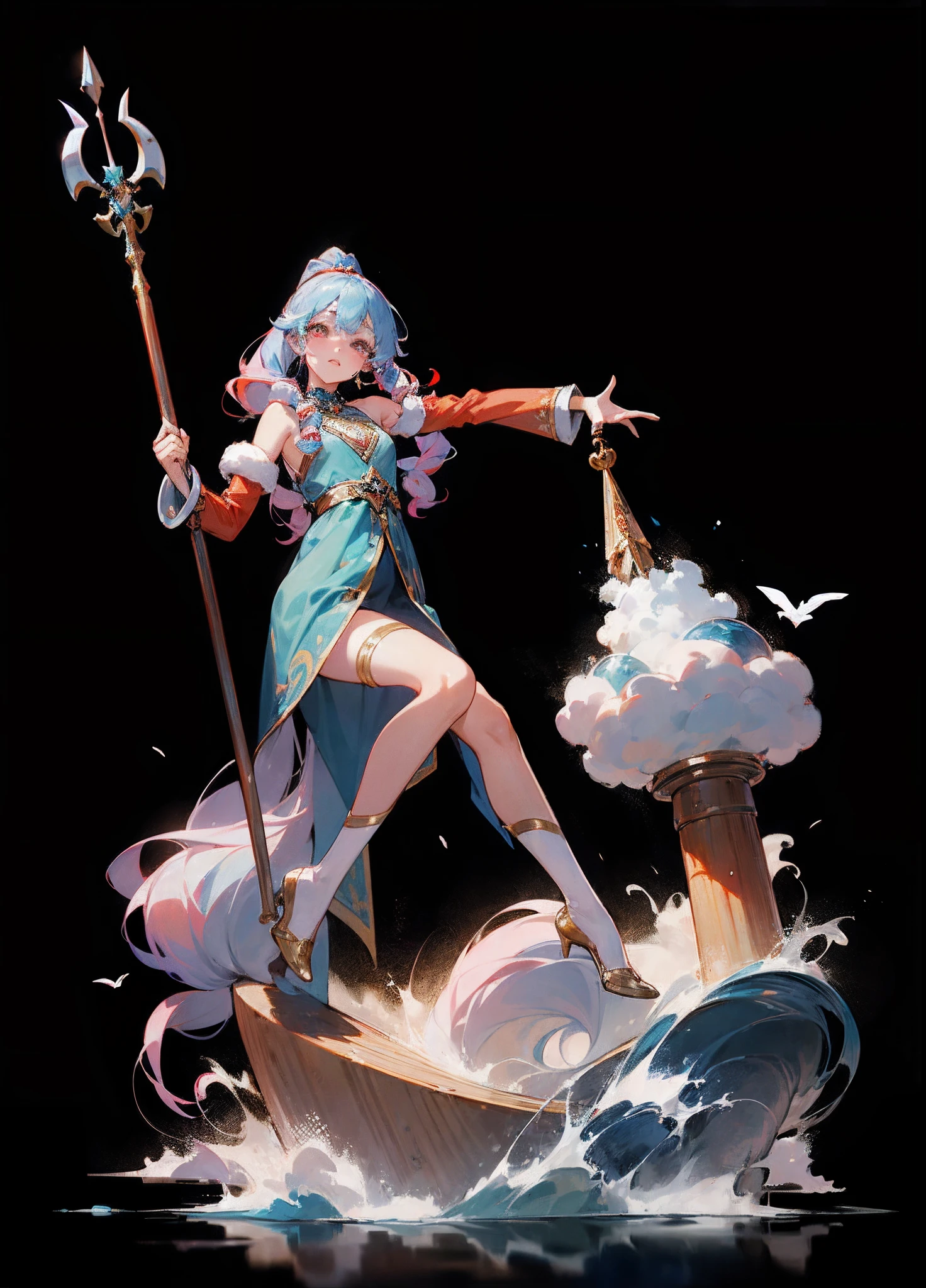 Anime character sits on the wave, Best 4K Anime, anime girl, background art, background illustration, Background of the game, Anime background, background image, ((tmasterpiece)), (((beste-Qualit))), Holds a trident, Sea trident, ((Trident)), a trident like Poseidon's, sly look, illustartion, 1 girl, Majestic view, Princess, (multi-colored hair, Hair gradient, Hair color from blue to peach, without bangs, curly curl on the cheek, hairstyle: high ponytail, long tail), The eyes are crimson-red, A detailed eye, long eyelashes, wide eyes, Environment change scene, big breastes, Regular, (Traditional blue costume, Clothing of a northern character, fur, Layering of clothes, Small Blue Gemstones, white patterns on the fabric in the form of stars), Bright clear sky, Smooth gradient, northern lights