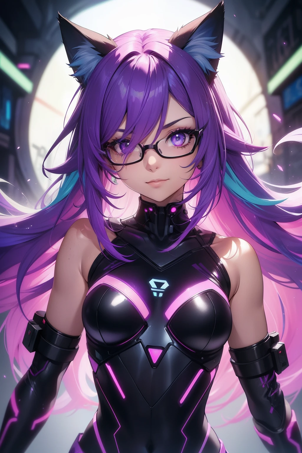 happy, smile, depth of field, (Cat ears), realistic shadow, realistic lighting, Rainbow color effect, Cyber girl, ((cybernetic enhancements)), (glasses), pastel, collarbone, side cut, looking at viewer, hips visible, blurry background, neon, freckles, (best quality), (high resolution), (sharp focus), (ultra detailed), (extremely detailed), (extremely high quality artwork), flawless, (((masterpiece))), vibrant colors, (intricate), High contrast, strong shadows, HDR (High Dynamic Range), Post-processing, (liquid paint hair:1.1,neon purple hair|neon aqua hair|purple hair|fuchsia hair|amethyst hair|neon hair|bright hair: 1.3,hair made of paint and defies gravity,thick flowing,glow hair,shiny hair: 1.3,vibrant colored hair), top rated on pixiv, perfect eyes, beautiful detailed eyes ,gradient eyes, lustrous skin:1.2, bright skin: 1, skin tanned, shiny skin, wide hip, athletic body, detailed body, cute, fluorescent and neon clothing, (dynamic pose:1),