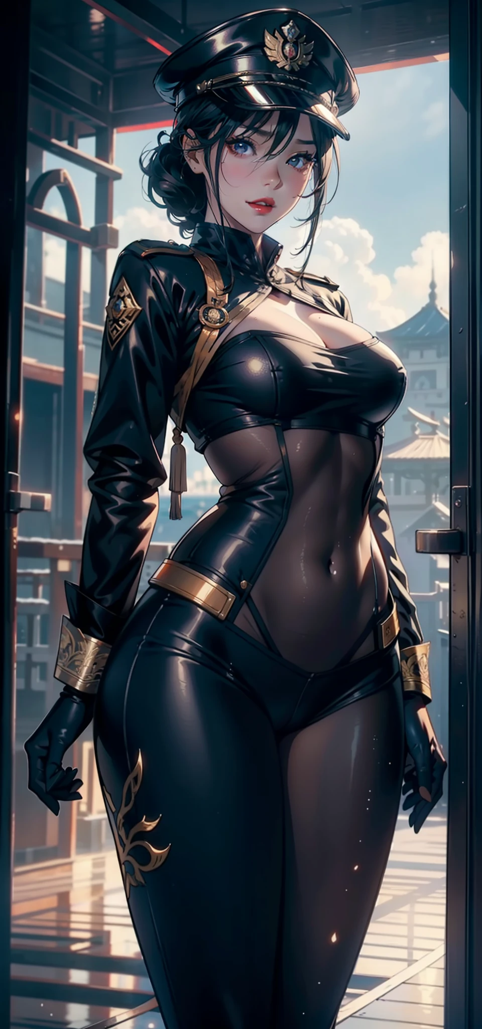 91 females,36 years old,multiple persons,熟妇,mature,Bigchest,Big breasts Thin waist,long leges,Raised ,Pornographic exposure, 独奏,Beauty contests,standing on your feet(Background with:the sea,ports,warships,at winter season) She has short black hair,dynamicposes,Sweat profusely,drenched all over the body,seen from the front, hair straight, mostly cloudy sky,(((tmasterpiece),(Very detailed CG unity 8K wallpaper),best qualtiy,cinmatic lighting,detailed back ground,beatiful detailed eyes,Bright pupils,(Very fine and beautiful),(Beautiful and detailed eye description),Black eyes,Redlip,ultra - detailed,tmasterpiece,)),facing at camera,(The upper part of the body),A high resolution,ultra - detailed),revealing breasts,Bare genitalia, Bulge,legs are open,sexyure,Camel toes,Flushed complexion,Open-mouthed,frontage,military officer,Officer's cap(Wearing:White cloak,down jacket,Winter officer uniform,black legging pants,Armour,Gold wire embroidery,)