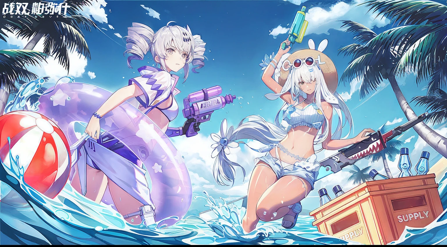 anime girls in bikinis on a beach with a boat in the background, azur lane style, from the azur lane videogame, characters from azur lane, trending on cgstation, kantai collection style, fine details. girls frontline, from girls frontline, pixiv 3dcg, cushart krenz key art feminine, kawacy