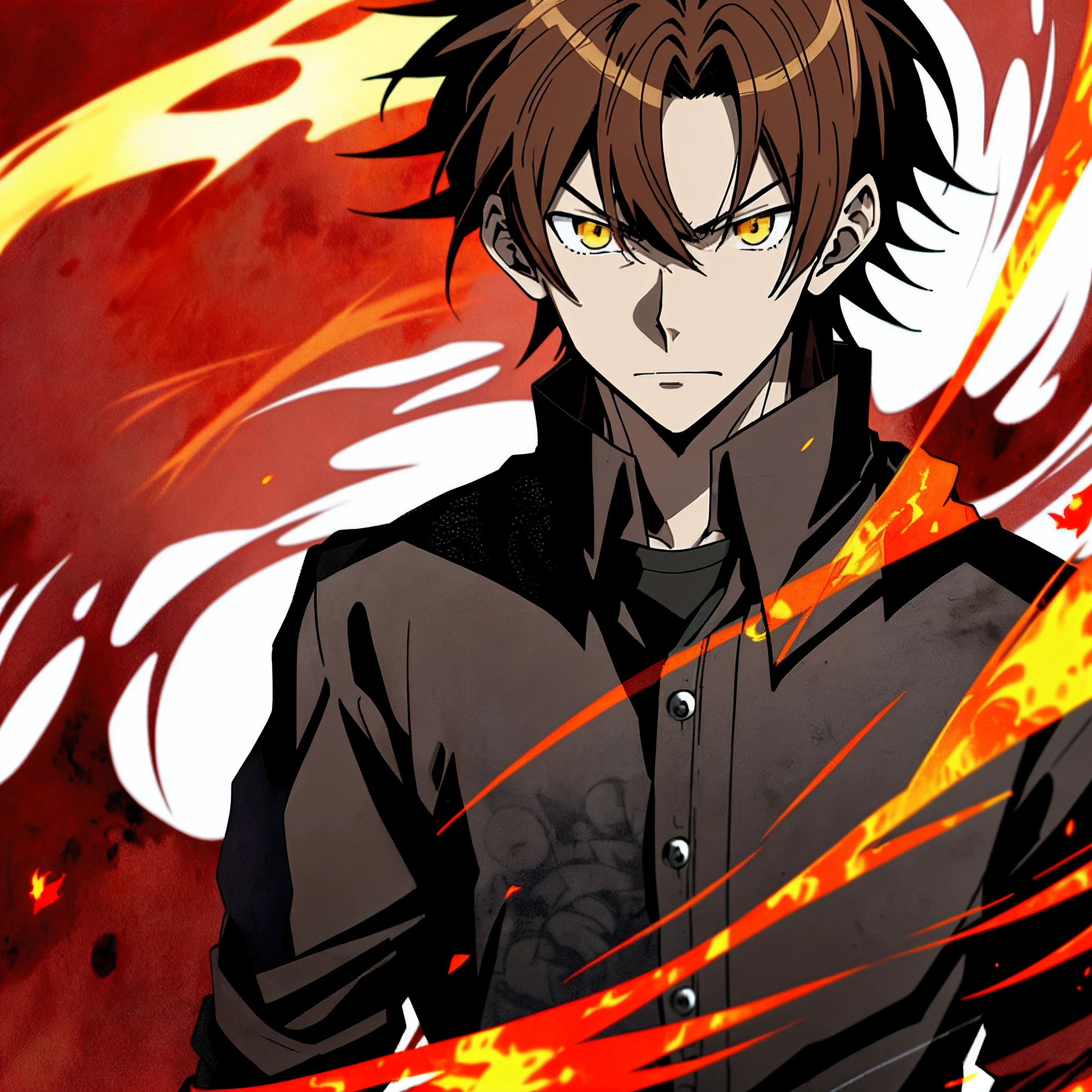 Anime characters with brown hair in black shirt,Red jacket and yellow flame, Badass anime 8 K, Key anime art, shigenori soejima illustration, hajime yatate, male anime character