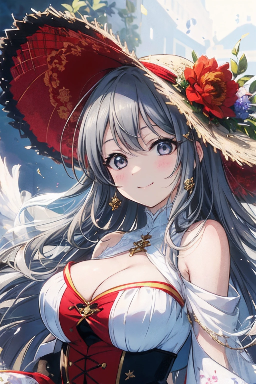 (((masterpiece)))、(((top-quality)))、((ultra-detailliert))、(illustratio)、((extremely delicate and beautiful))、Bright smile、floating、(Detailed light) (1girl in)、、独奏、The long-haired、The wind is blowing、A WORLD、(cute eye)Wizard Hat, red blush, blush stickers, cleavage of the breast, bare shoulders, doress, off shoulders, cowboy shot, is standing, A smile, deph of field,