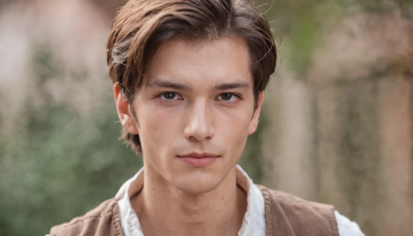 The peasant is a handsome man, about 25 years old. He has short brown hair that falls to his shoulders. His eyes are bright blue. He is wearing simple cotton clothes, with a caponês village in the background