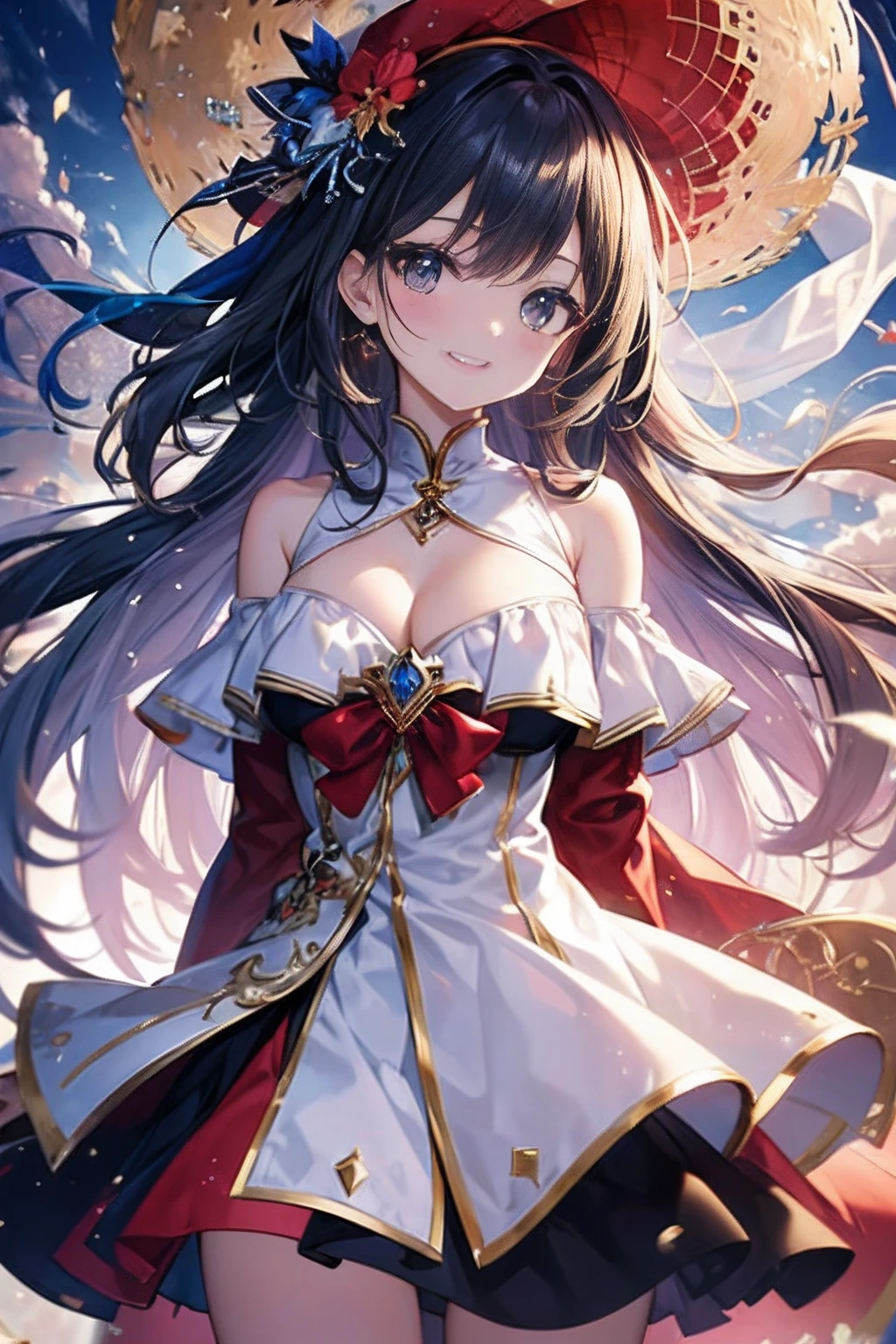(((masterpiece)))、(((top-quality)))、((ultra-detailliert))、(illustratio)、((extremely delicate and beautiful))、Bright smile、floating、(Detailed light) (1girl in)、、独奏、The long-haired、The wind is blowing、A WORLD、(cute eye)Wizard Hat, red blush, blush stickers, cleavage of the breast, bare shoulders, doress, off shoulders, cowboy shot, is standing, A smile, deph of field,